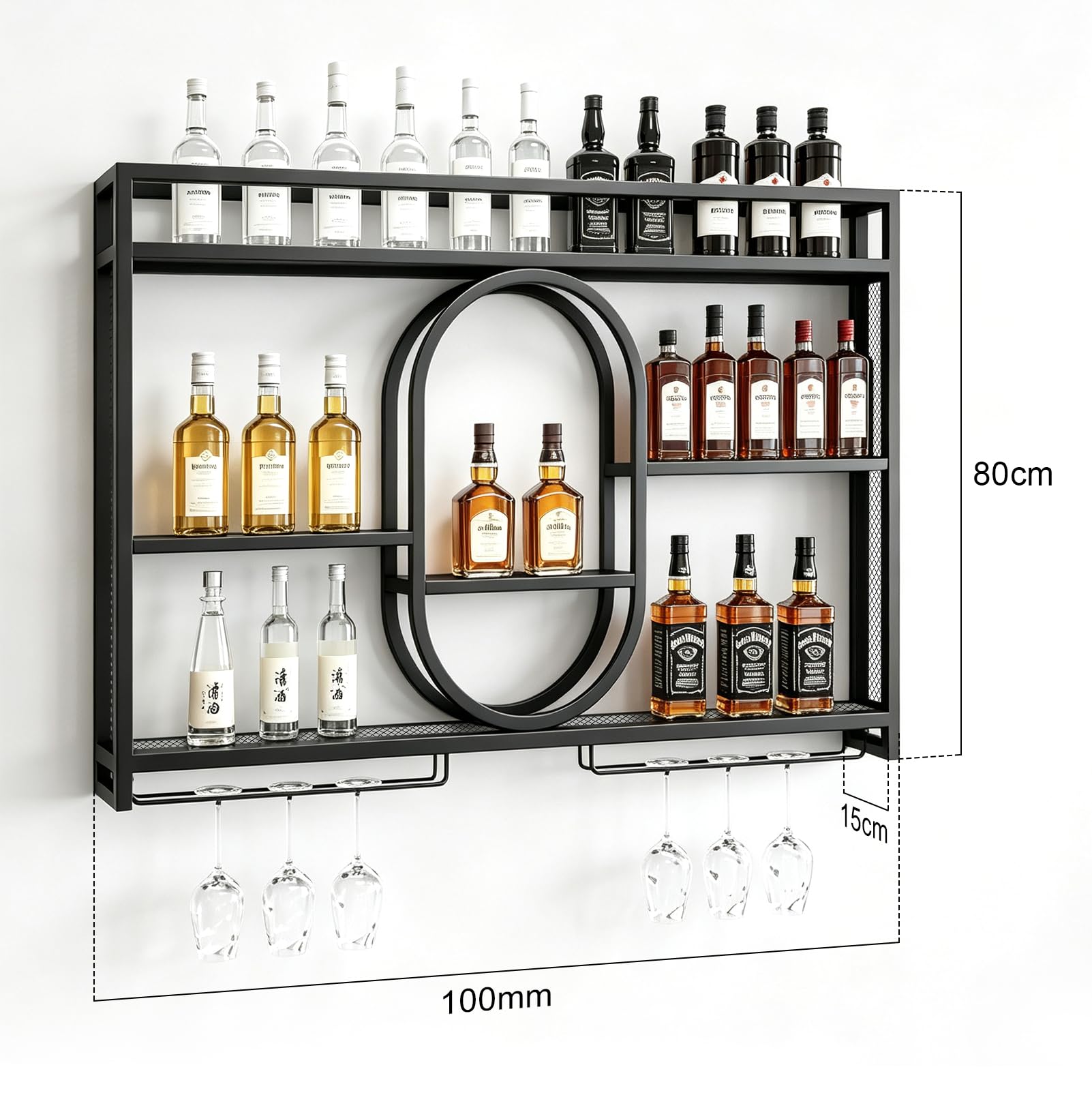 Wandmontiertes Weinregal, für Zuhause, Restaurants und Bars (100 x 80 cm) | Modernes Wandregal für Bars, 3-stufiges Metallregal, Multifunktionales Eisenregal für Champagner, Stielgläser und Wein