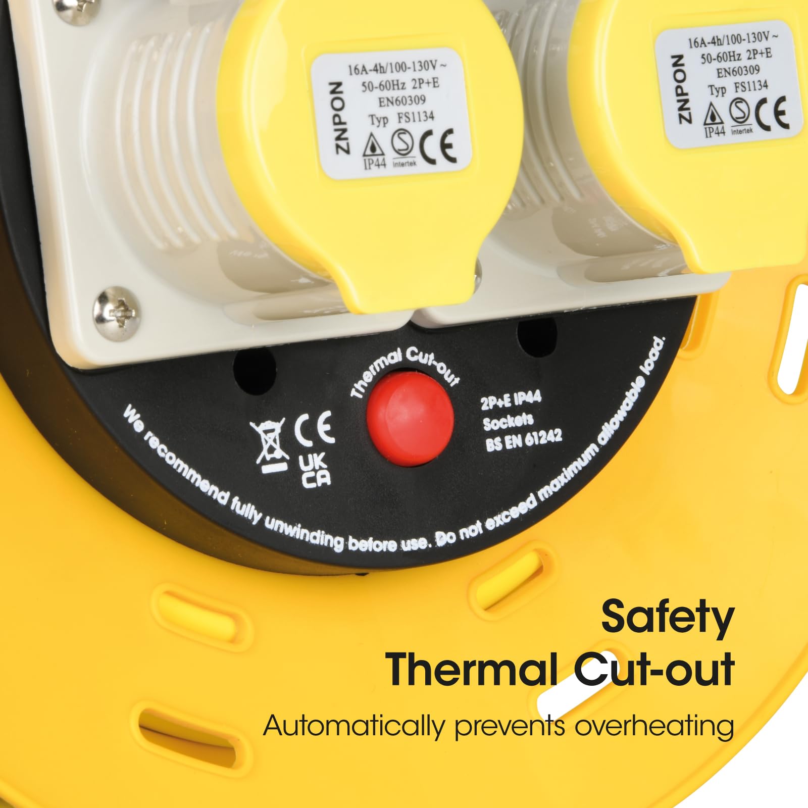 SLx Prolunga industriale da 110 V, 25 m, avvolgicavo a tamburo aperto, 2 prese con taglio termico, cavo di prolunga resistente, per interni ed esterni, spina britannica con fusibile da 16 A