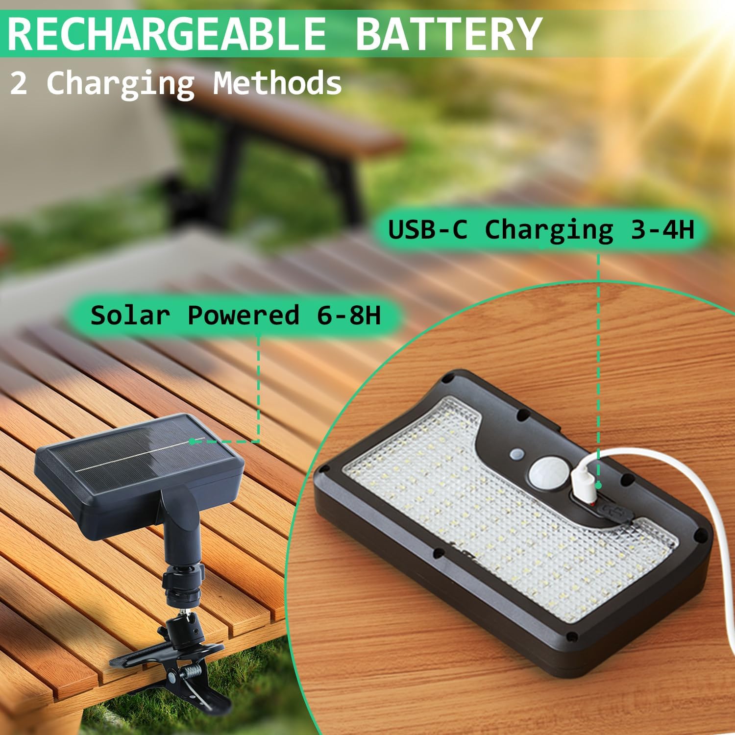 HAARAY Solar Light showing both solar panel charging and USB-C port charging options.