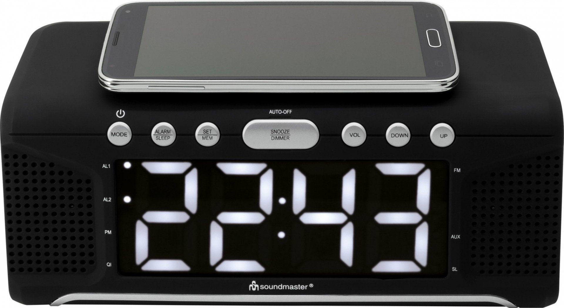 Soundmaster Radio z zegarkiem UKW UR800SW ze stacją ładującą QI do smartfonów/tabletów, przyciemniany wyświetlacz LED Jumbo, czarny