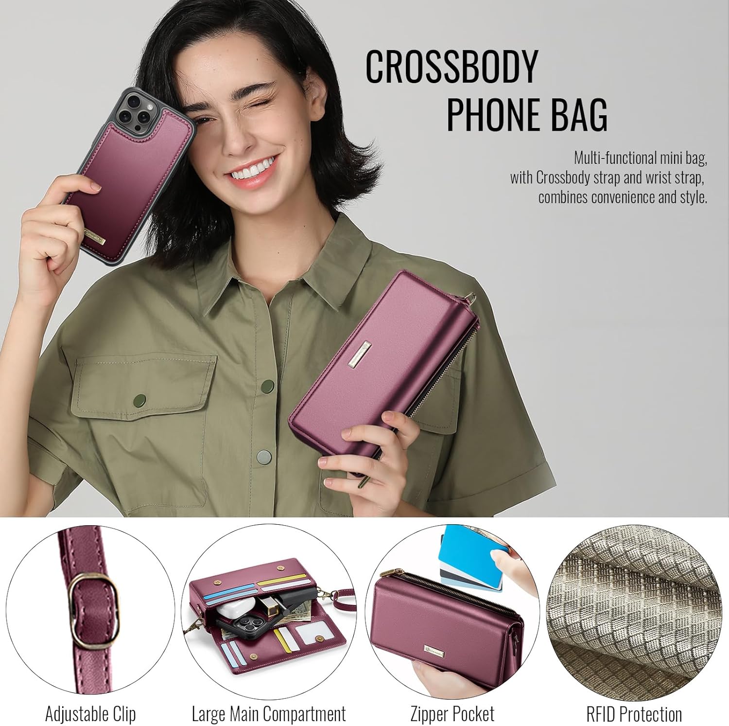 CaseMe 2-in-1 Detachable for iPhone 13 Pro Crossbody Wallet Case with RFID Blocking 10-Card Holder for Woman, PU Leather Wrist Strap Zipper Purse Wallet Phone Case for iPhone 13 Pro 6.1", Wine Red