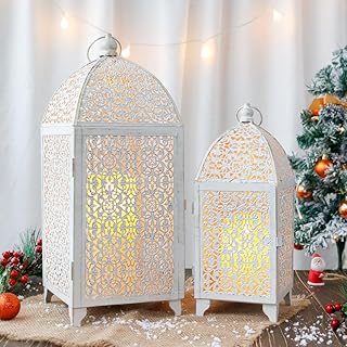 TRIROCKS Large Decorative Candle Lantern Set-16.5''&12'' High Metal Temple Moroccan Lantern Lamp for Home Decorations Living Rooms Gardens Parties Wedding Indoors and Outdoors - White with Gold Brush