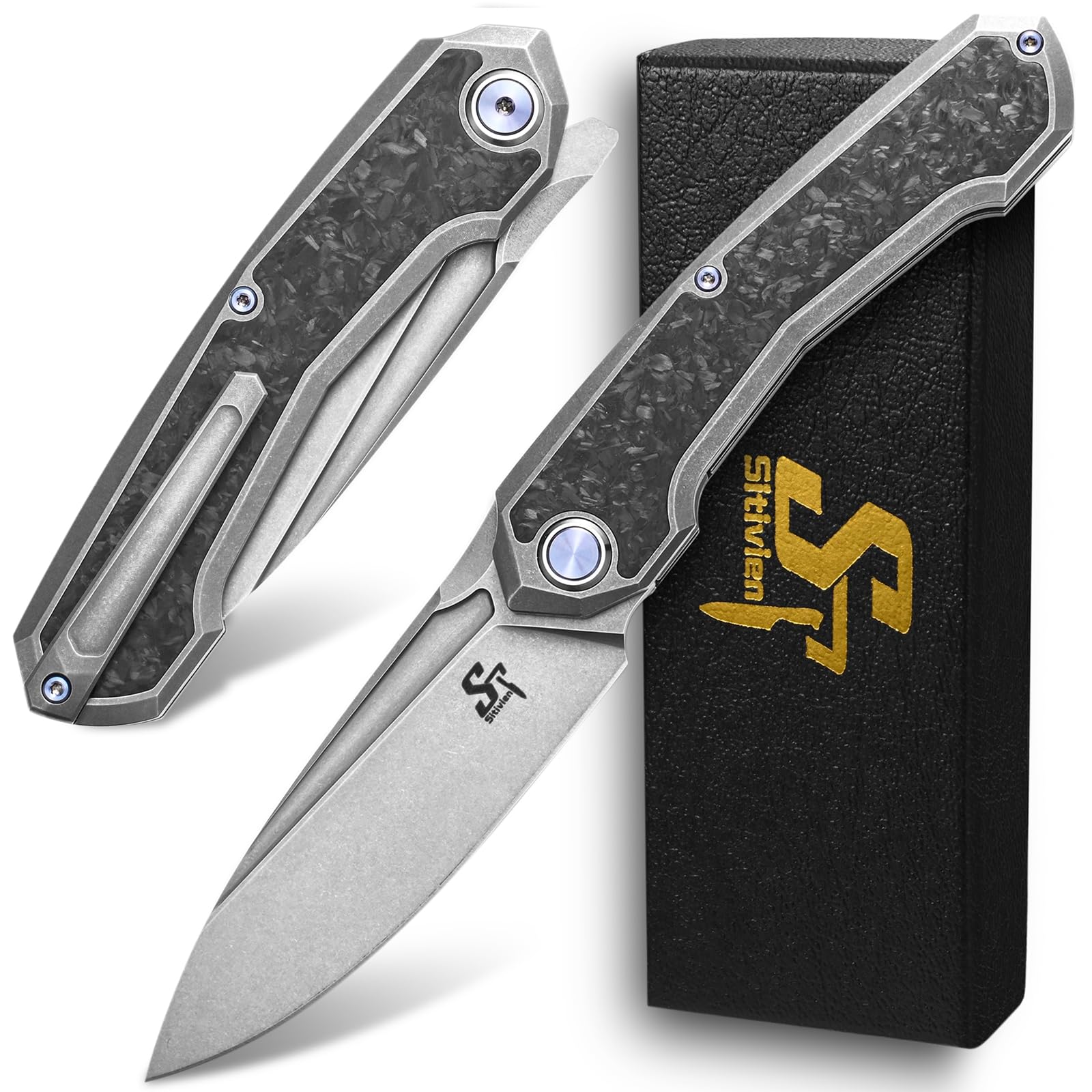 Sitivien ST999 Folding Knife,S35VN Steel Blade with Titanium and Carbon Fiber Handle Liner Lock,EDC Knife with pocket clip for Outdoor Camping Survival Hiking(Gray)