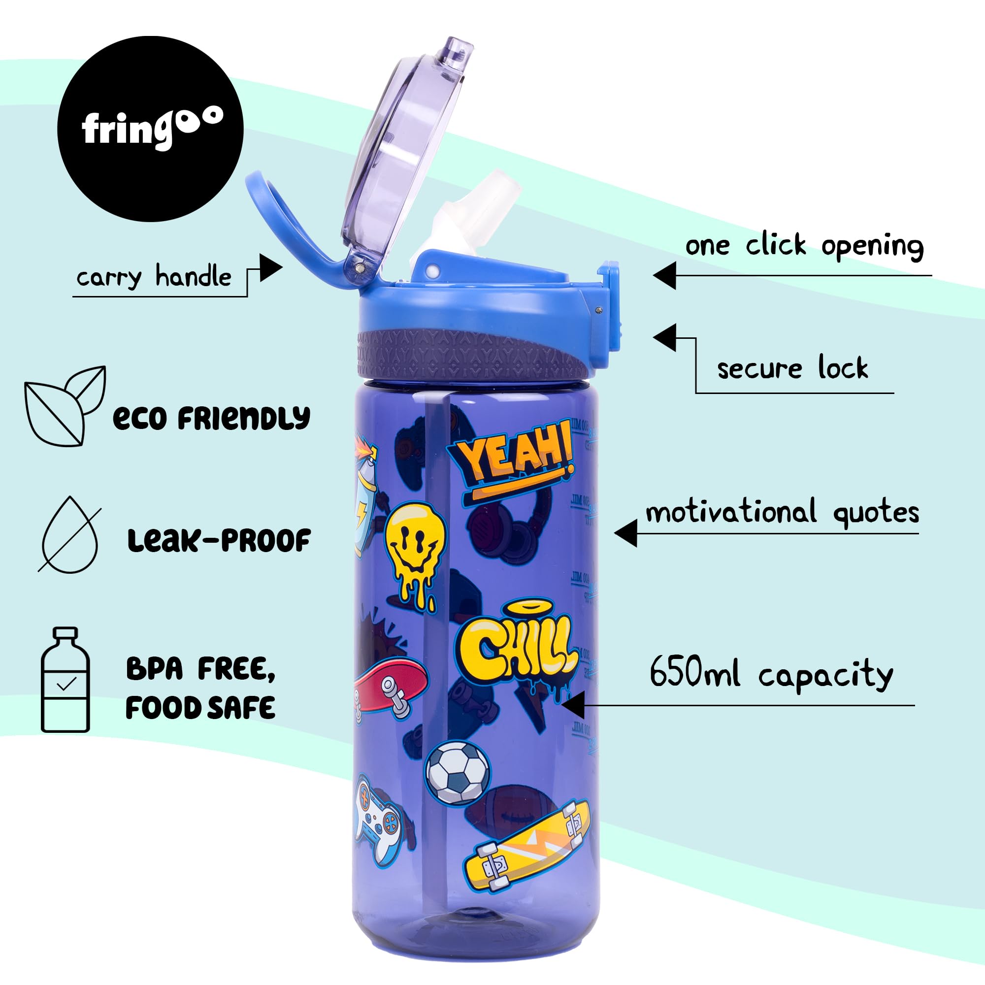 Fringoo, 650ml Kids Water Bottle, Carry Handle 100% Leakproof & BPA Free Tritan Silicon Straw, Secure Flip Lock Lid - Image 2