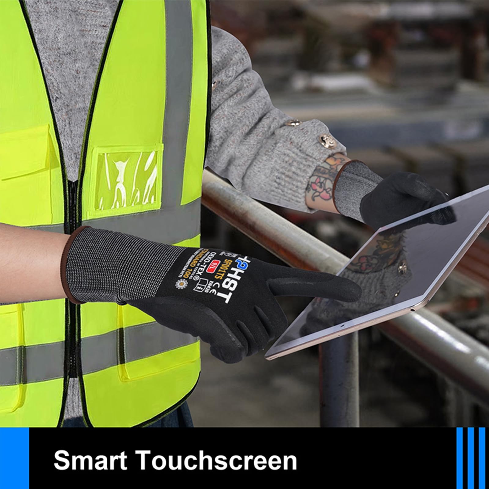 HPHST Nitrile Work Gloves SF001TS,Micro Foam Technology & Spandex Liner Nitrile Coated,CE Approved 15 Gauge Ergonomic Design,Smart Touch,Thin Machine Washable (Large - Image 3