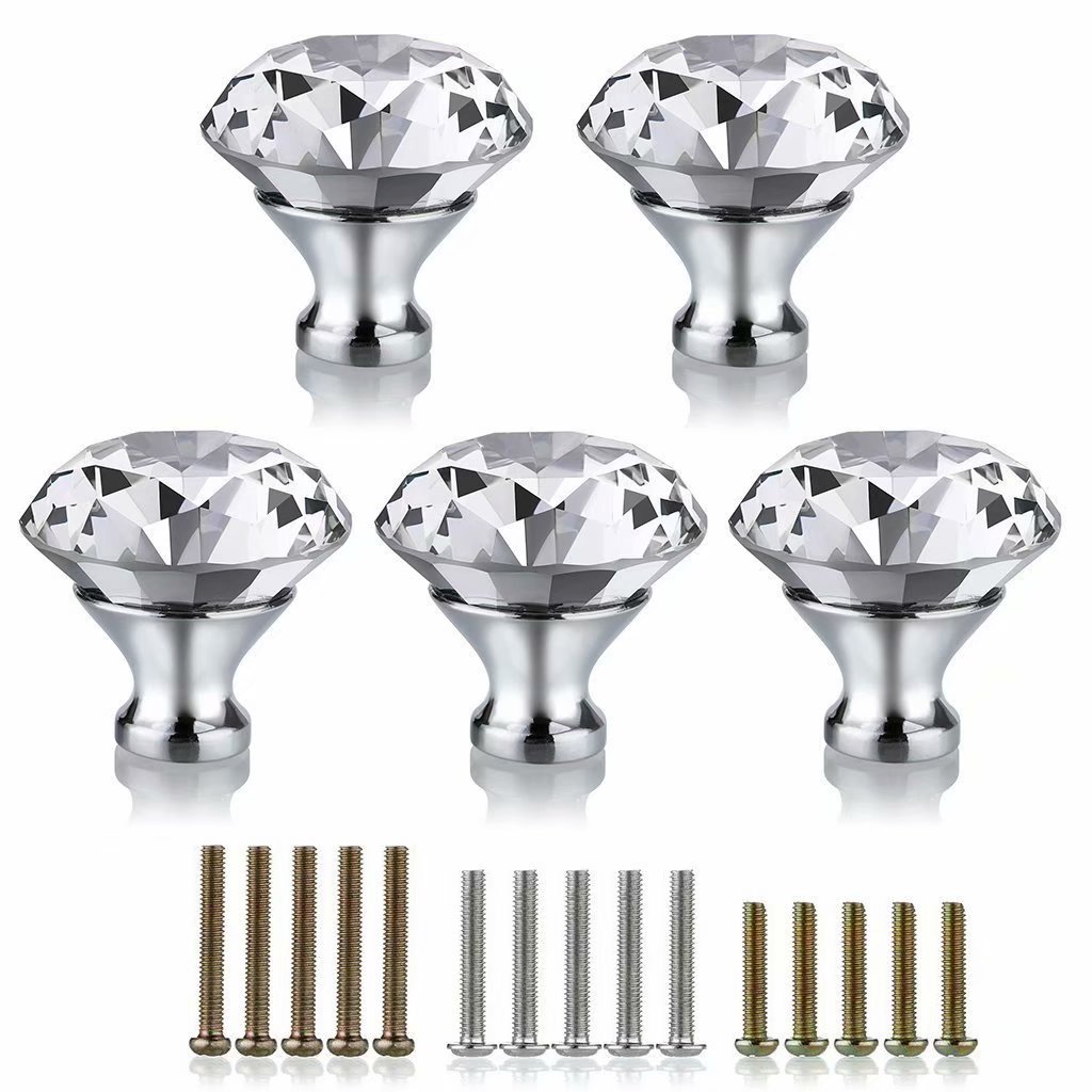 Fbshop(Tm) 5 Pcs 30Mm 5Pcs Clear Glass Crystal Cabinet Knobs-Diamond Shape Wardrobe Door Knobs/Cupboard Drawer Pull Handle/Glass Dresser Knobs,Come With 3 Kinds Of Screws