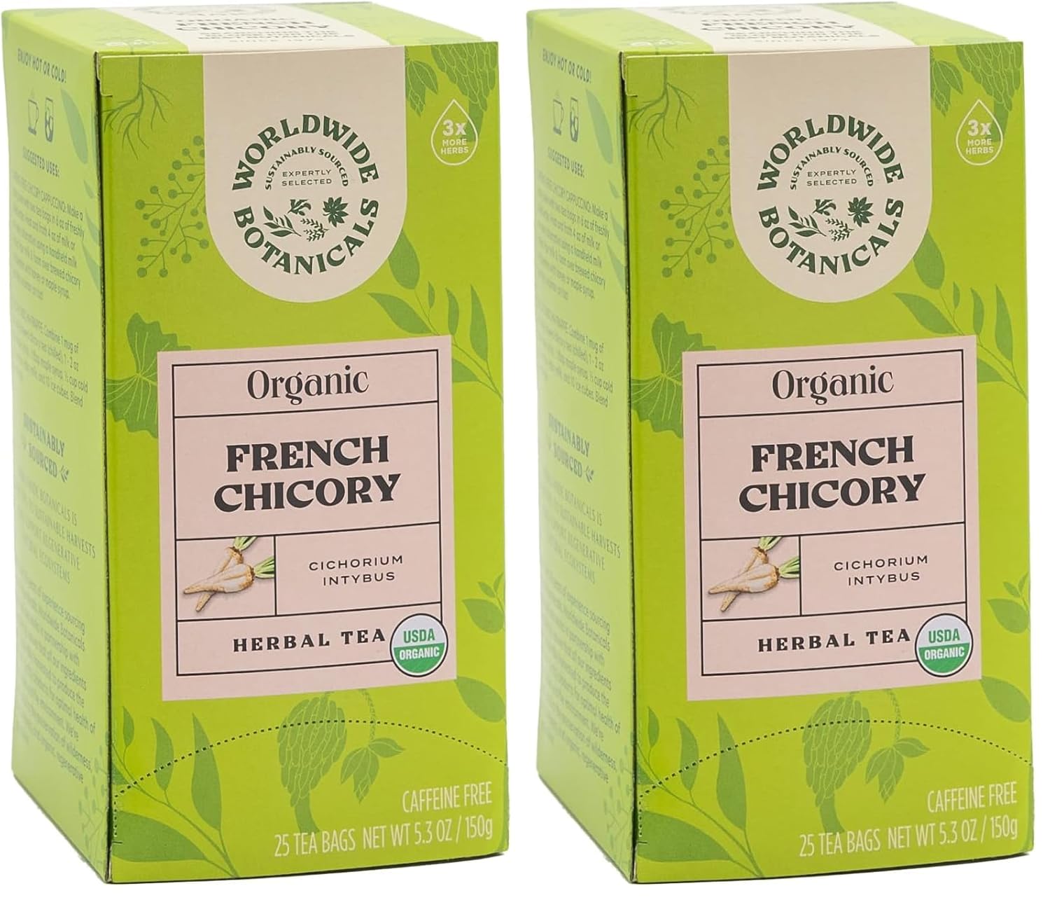 Worldwide Botanicals Organic French Chicory Root Tea, 25 Tea Bags - 3x herbs with 6g per teabag - Prebiotic, Roasted - Acid Free, Caffeine Free, Kosher (Pack of 2)