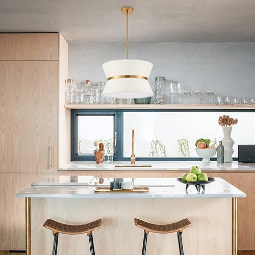 Miniatura 2 de Candelabro moderno con pantalla de tela blanca y acabado de latón, lámpara colgante ajustable para cocina, isla, sala de estar, dormitorio, pasillo,