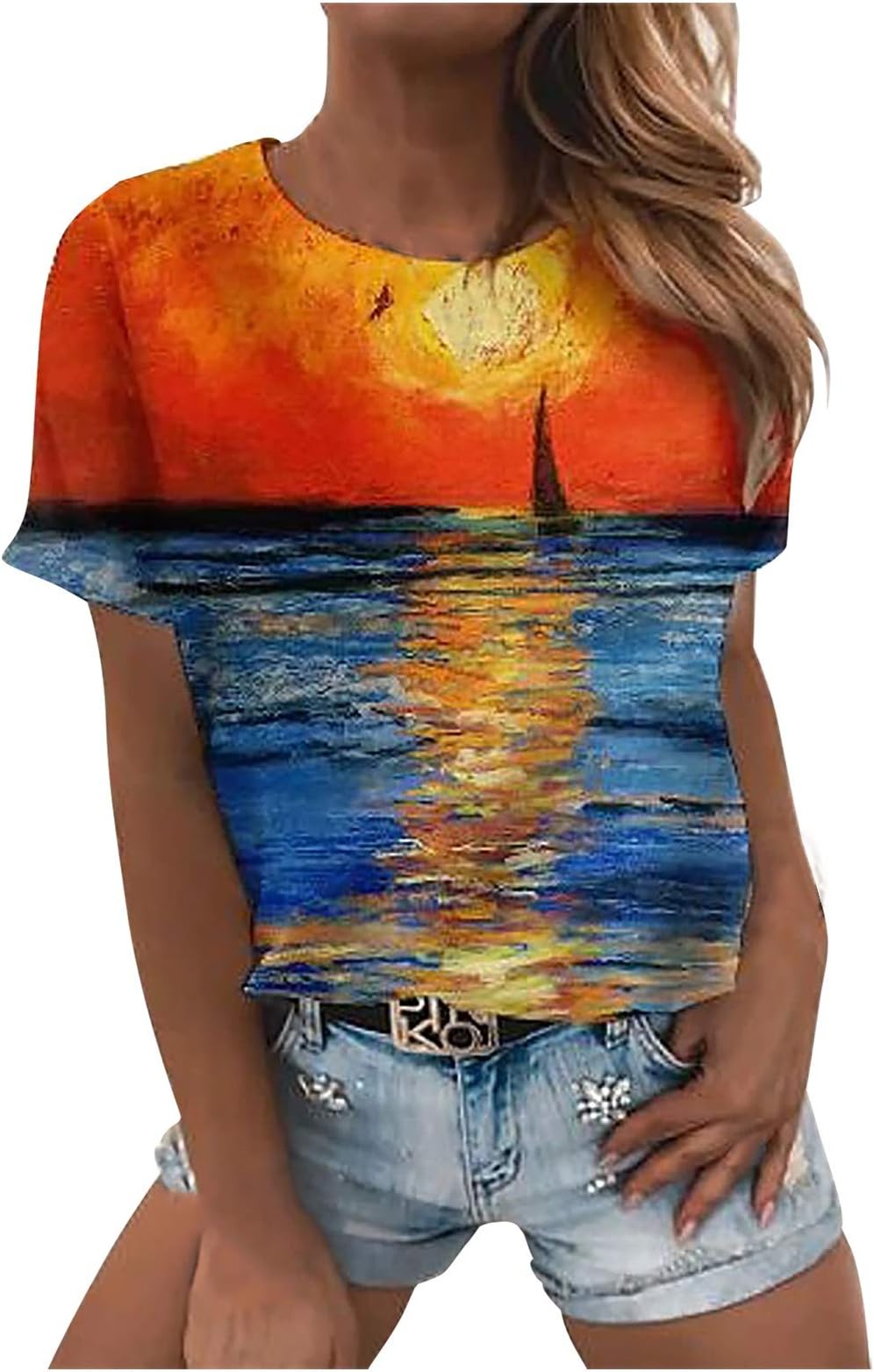 Women's Short Sleeve Shirts Crewneck Tees Beautiful Landscape Tops Casual Graphic 3D Tshirts Comfy Blouses
