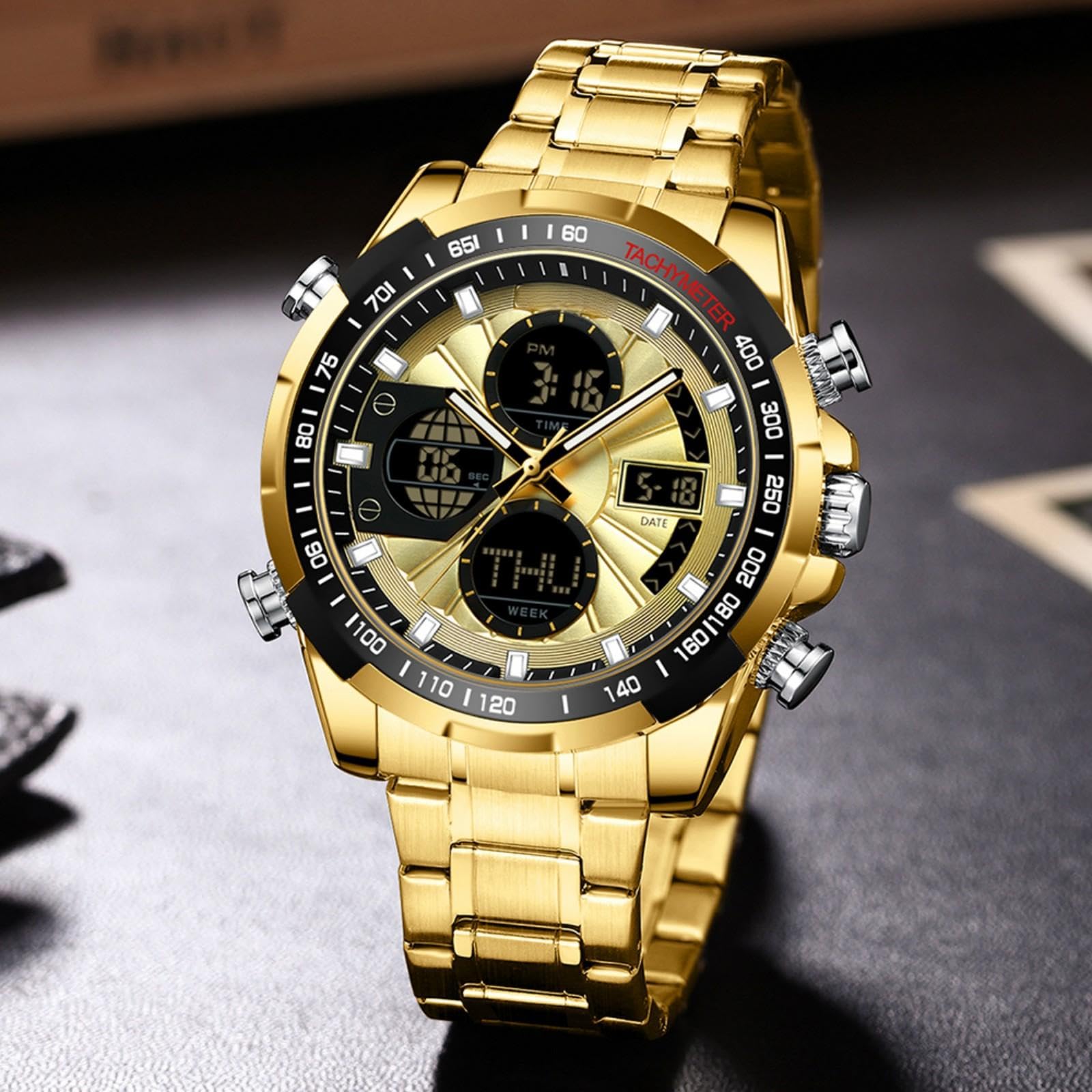 findtime Relojes de lujo para hombre, acero inoxidable, dorado, reloj de pulsera para hombre, con alarma, temporizador, fecha, cronómetro, resistente al agua, 5 ATM, reloj analógico digital para