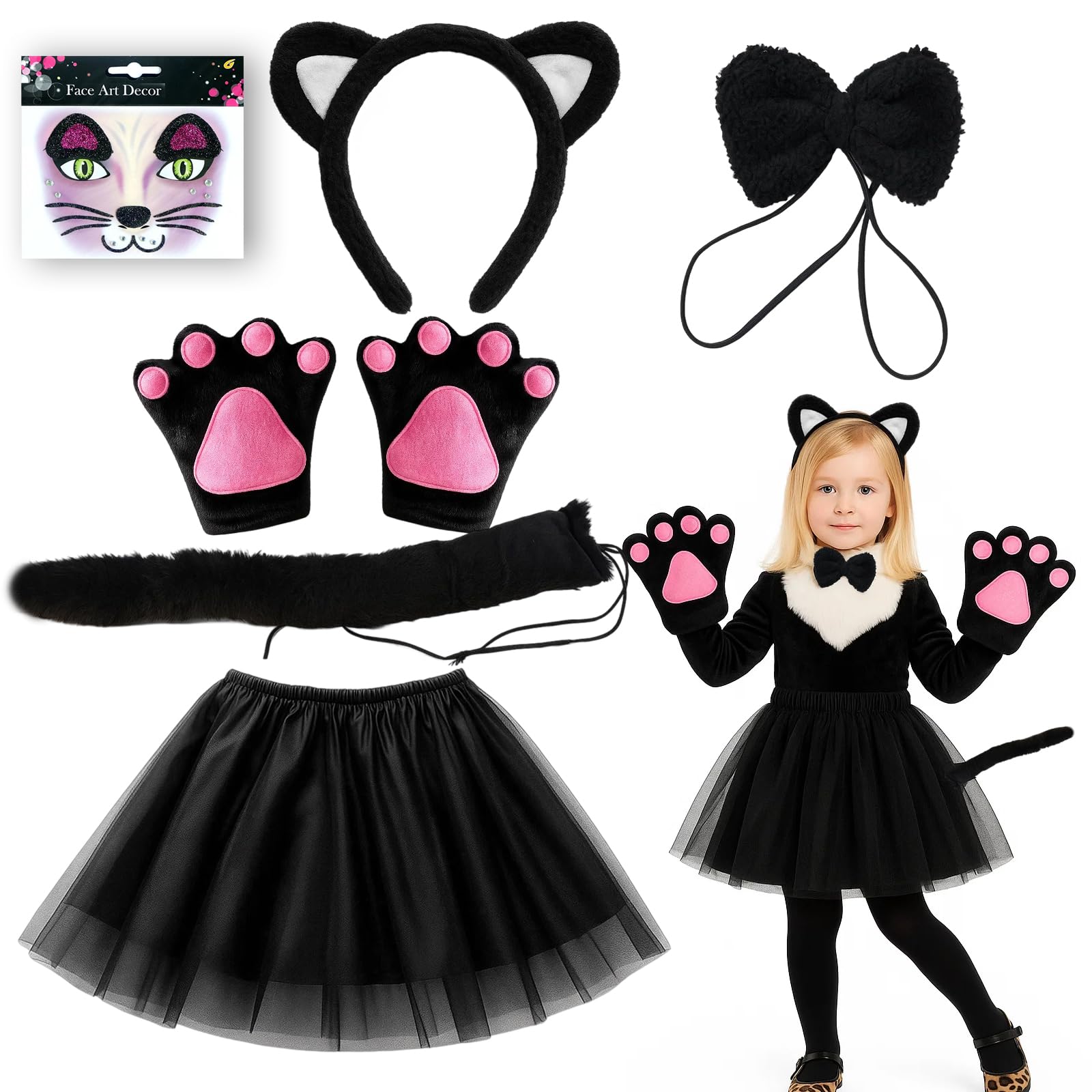 ZcrPrn Cat Costume, 6 PCS Halloween Party Animal Costume with Cat Ears Headband, Gloves, Bow Tie, Tail