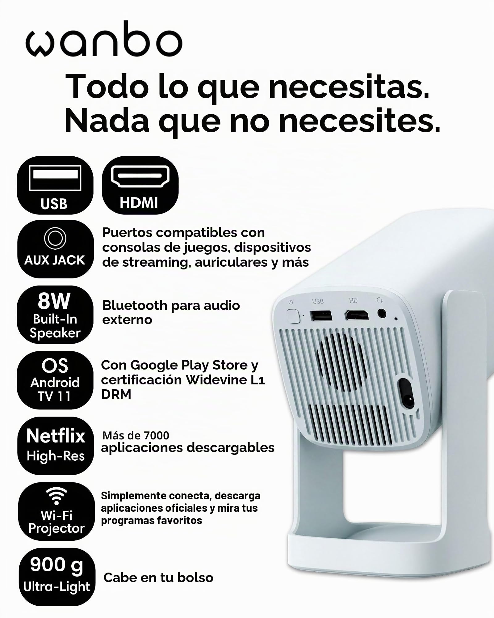 Wanbo Cube 1 Pro - Proyector Inteligente con Android TV y Google Play - Mini proyector portátil Compacto y Altavoz Bluetooth de 8 W, corrección Keystone, Cine en casa para Espacios pequeños