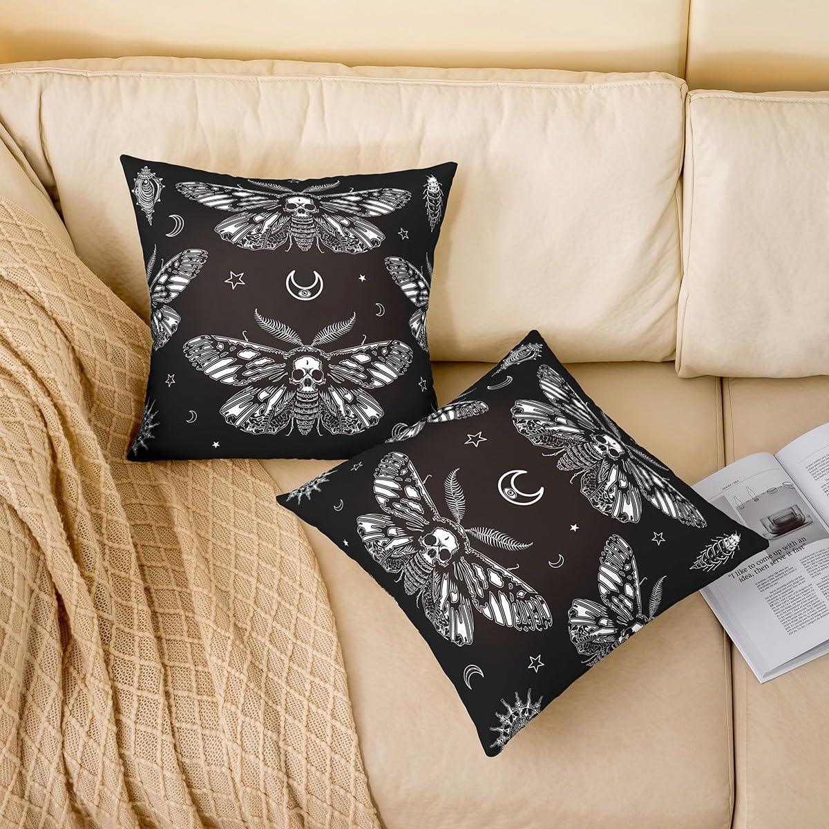 Feelyou Boho Moth Throw Pillow Covers 20"x20" Set of 4 Soft Bohemian Sun Moth Skull Pillow Cases Cushion Covers for Living Room Bedroom Moth Skeleton Decorative Throw Pillowcases for Sofa Couch Chair
