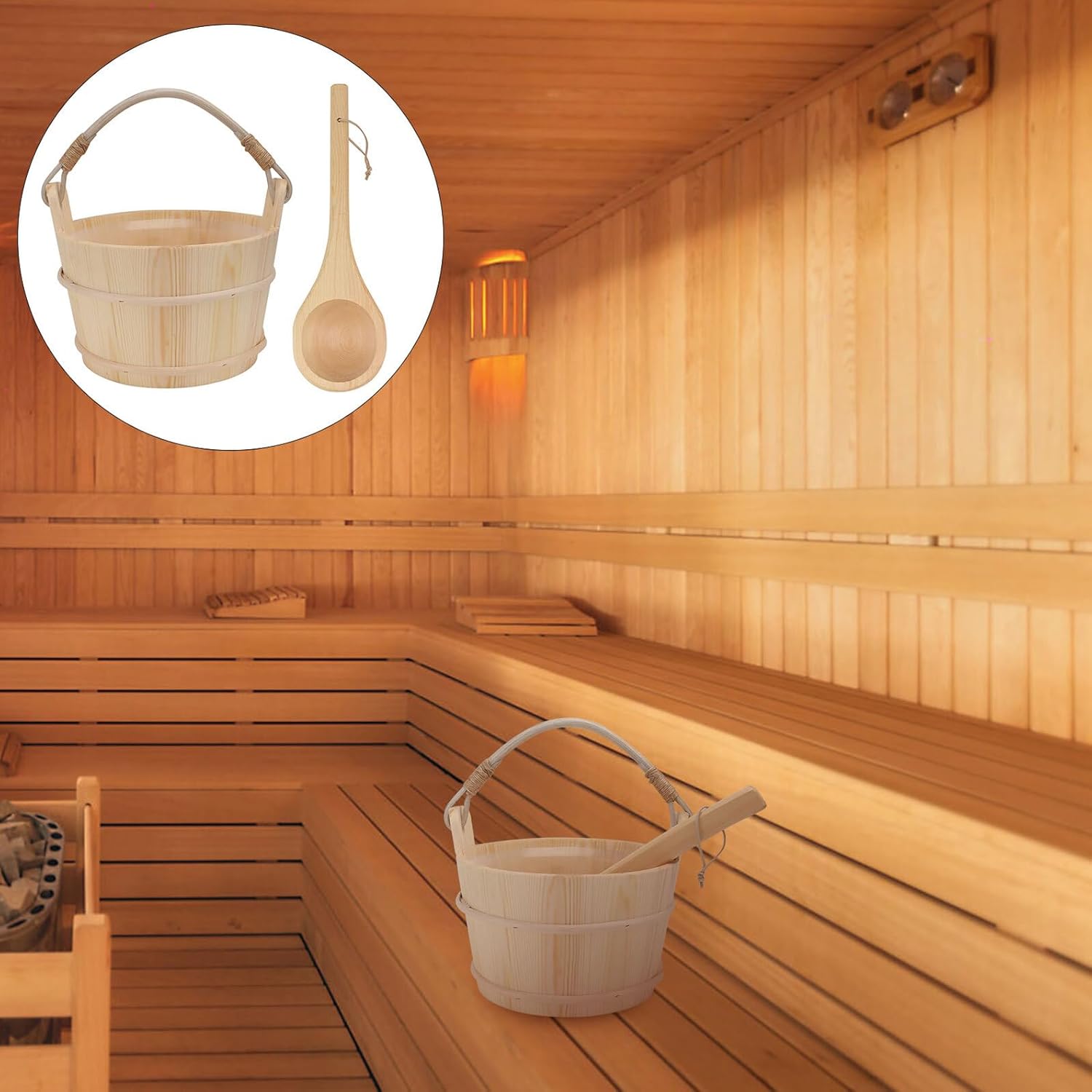 Ciieeo Classic Wooden Sauna Bucket and Ladle Set with Plastic Liner, Practical Wooden Bathing Barrel for Home Steam Sauna and Spa Accessories
