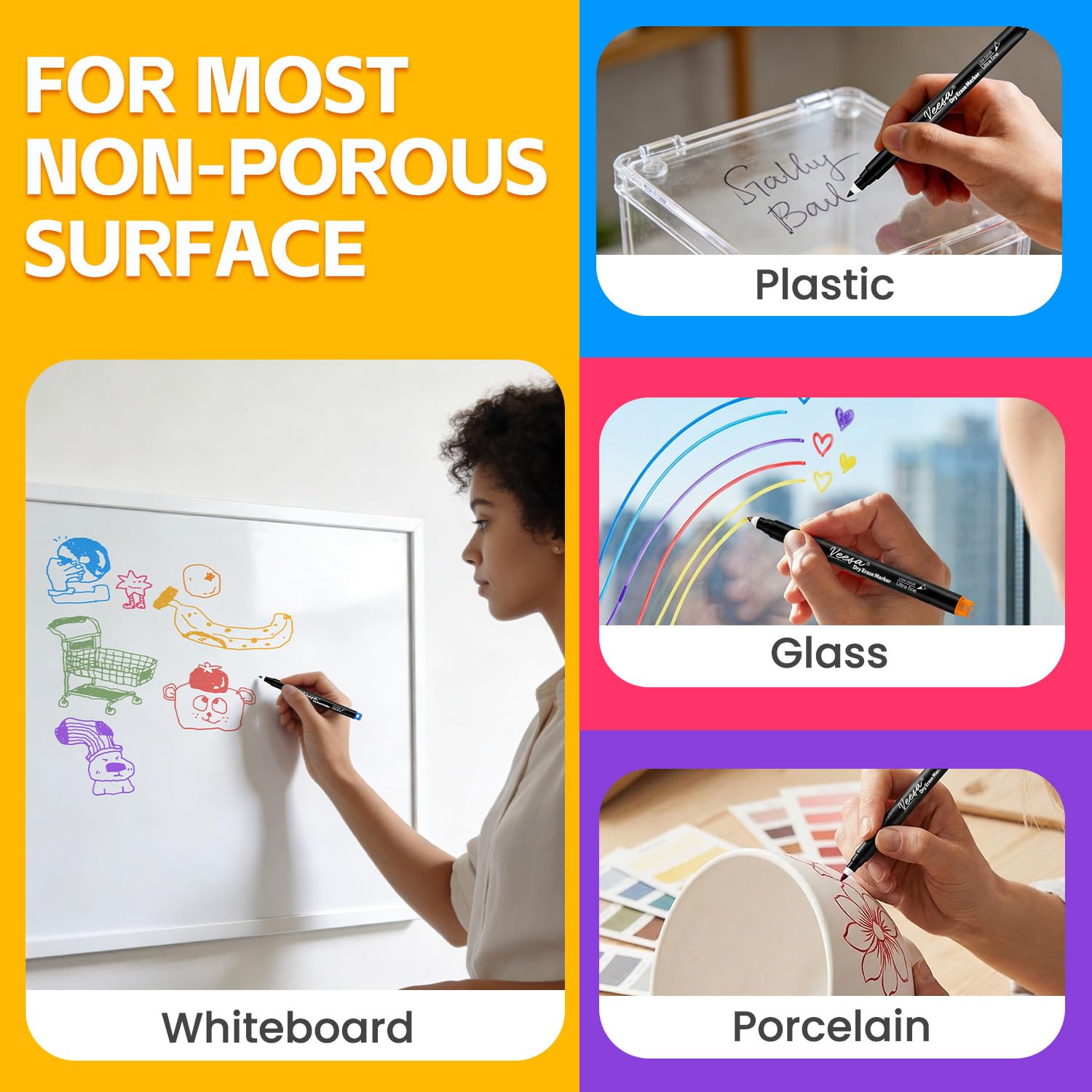 VEESA Whiteboard-Marker, trocken abwischbar, ultrafeine Spitze, 0,7 mm, magnetische Whiteboard-Marker mit Radiergummis, verschiedene Farben, geruchsarm, 12 Stück, Klassenzimmer- und Bürobedarf