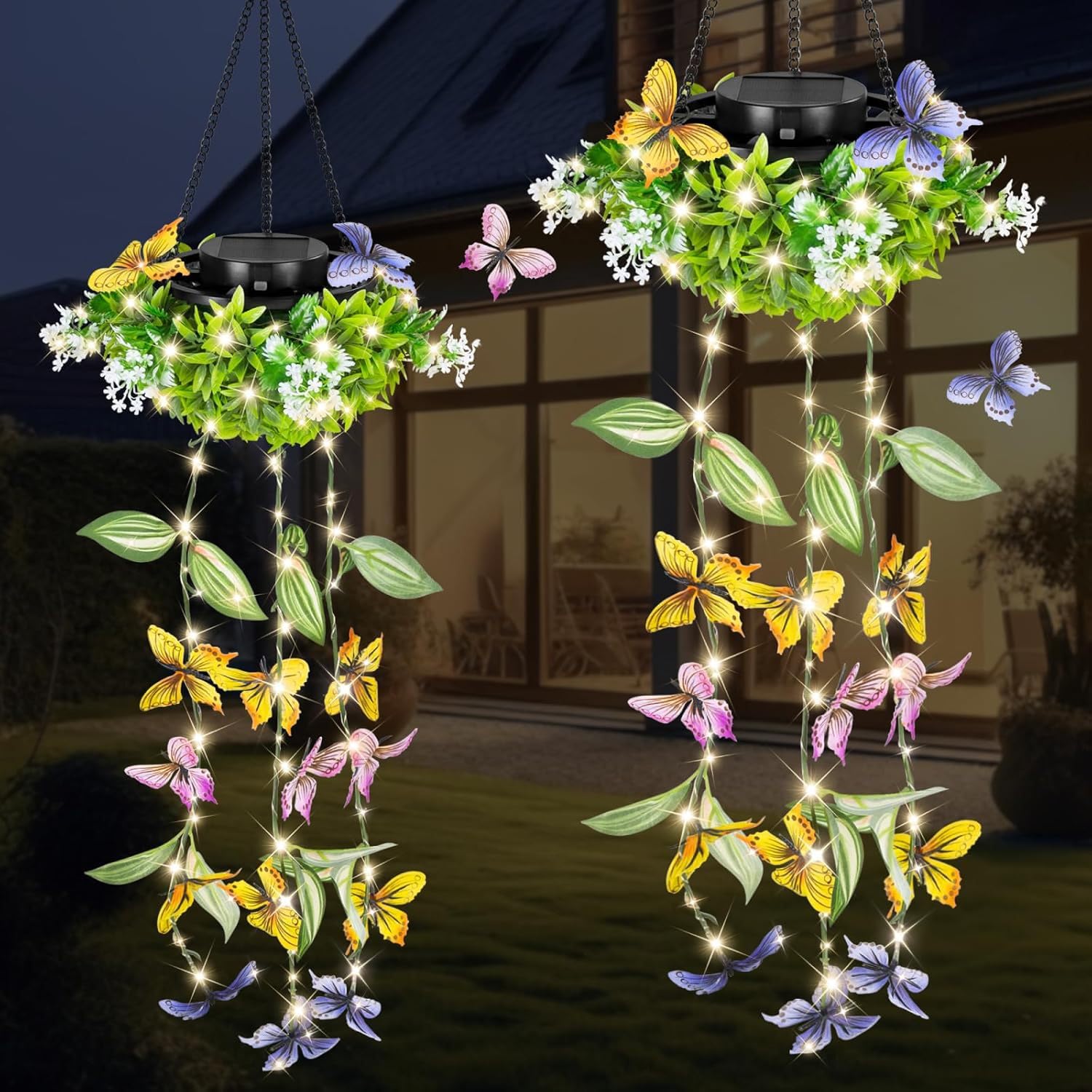 2 Pack Hanging Solar Lights, IP65 Waterproof Hanging Solar Lanterns, Artificial Plants LED Lights Outdoor Garden Ornaments, Butterflies Flowers Rattan Hanging Ornaments for Gardem, Yard, Balcony (A)
