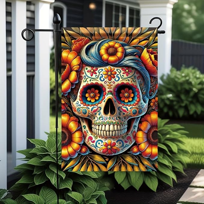Day of the Dead Garden Flag Sugar Skull floral Design 12x18 inch Double Sided OutdooiYard Banner for Dia de los uertos Halloween exican Fiesta Seasonal Holiday Decoration Decor