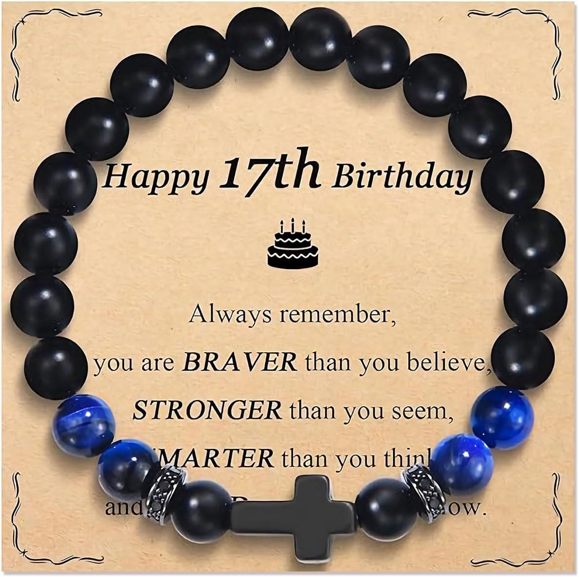 – 13-18th Birthday Gift for Men - Blue Tiger Eye Black Frosted Cross Beaded Bracelet with Card