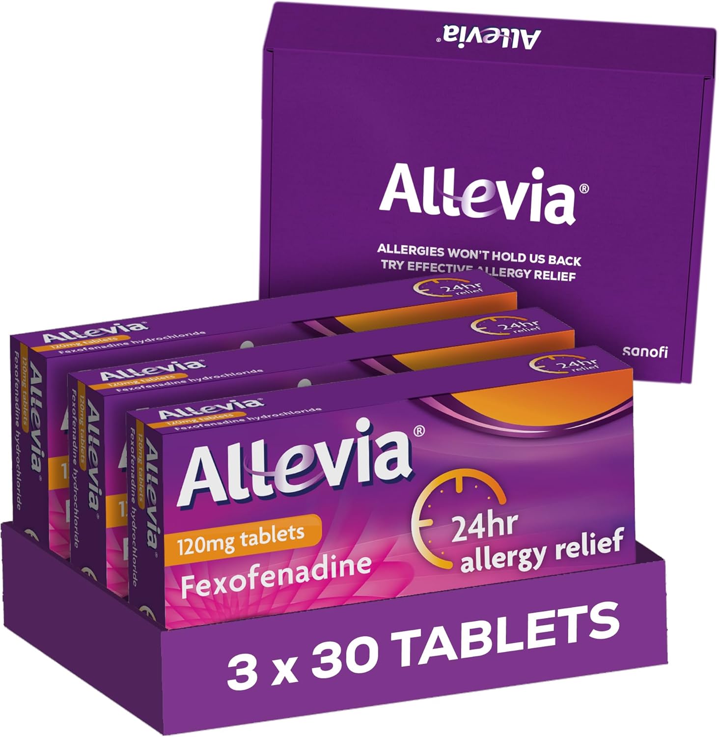 Allevia 120mg Allergy Relief Tablets | 90 cts (3 Packs of 30 cts) | 120mg Fexofenadine | 24hr Relief Acts Within 1 Hour | Non-drowsy in Most People | Relieves Hayfever, Pet, Dust and Mould Allergies