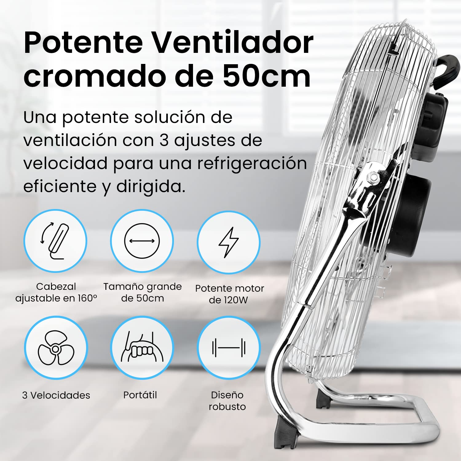 Pro Beeze Ventilador de Suelo Industrial de 50 cm (20") con Asa de Transporte para Hogares y Gimnasios. Potente Motor de 120 W, 3 Velocidades y Cabezal Ajustable - Cromado