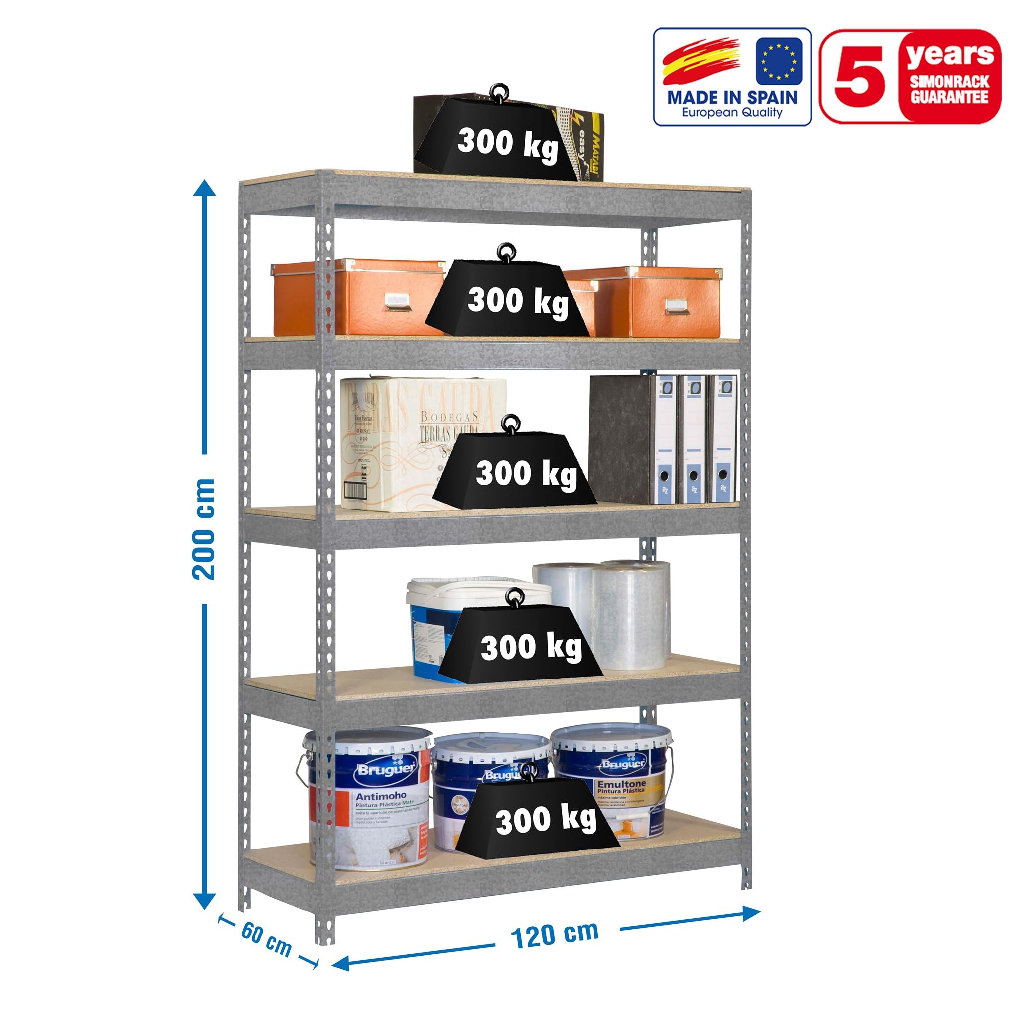 Simon Rack Estanteria Industrial, 2000x1200x600 mm, 300 kg de Punto Flexión, 5 Estantes Madera, Estanterias Almacenaje, Estanterias Metalicas, Galvanizado/Madera - SimonTaller