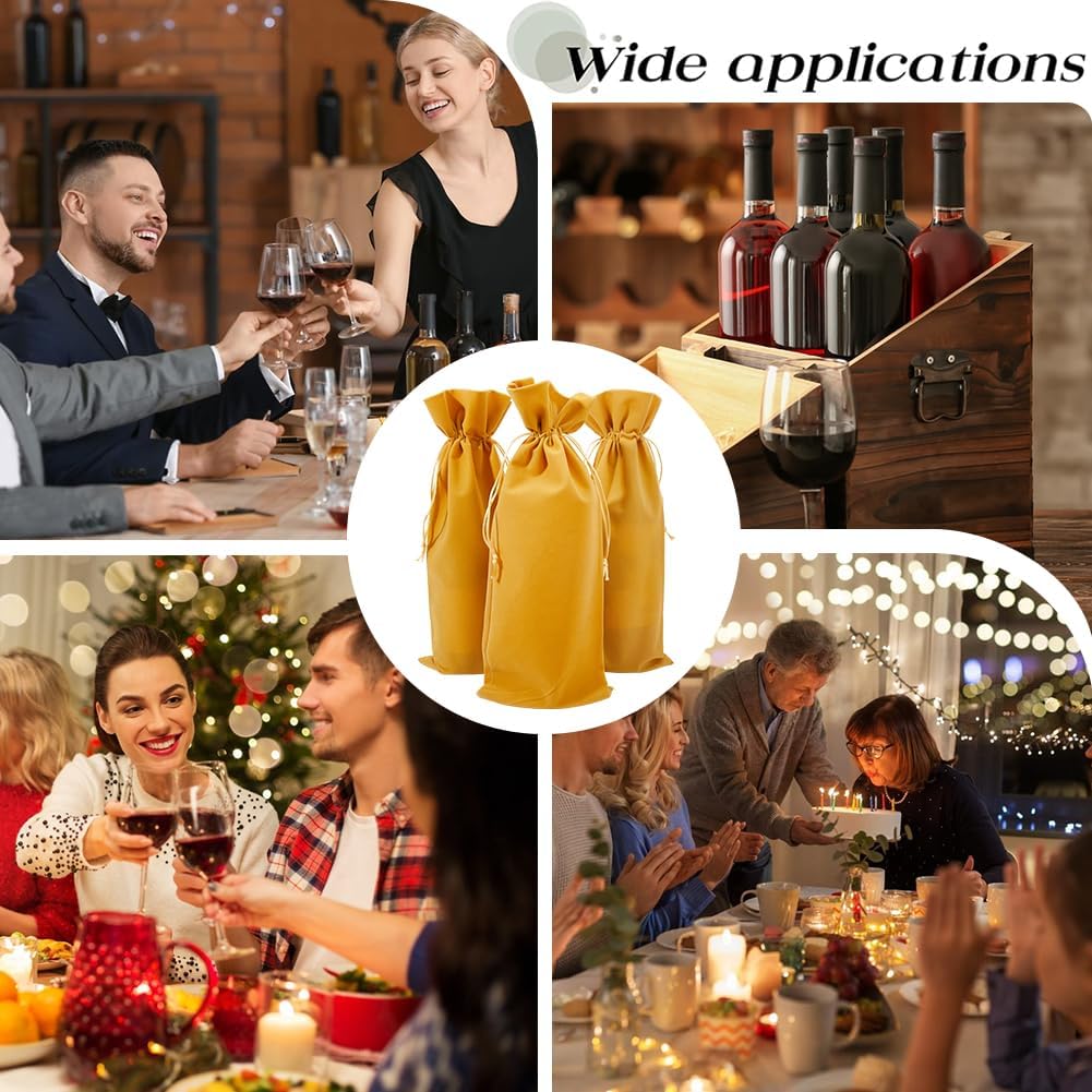 Beebeecraft 4Pcs Double Drawstring Wine Bottle Bags Velvet Wine Champagne Wrapping Bag Gold Reusable Gift Packing Pouches 14.76x5.98in for Birthday Dinner Wedding Party