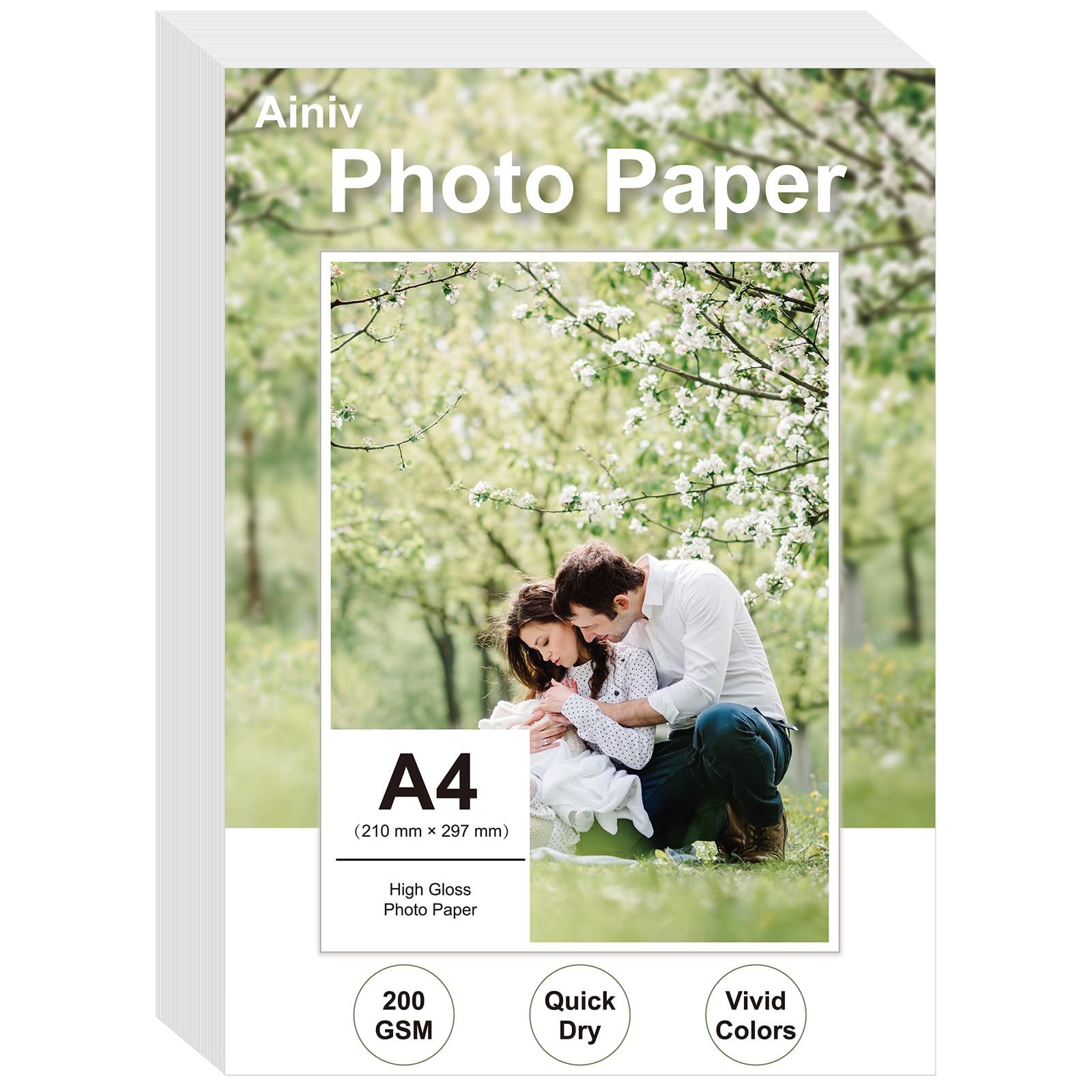 Ainiv 50 Fogli Carta Fotografica Lucida A4 200 g/m² Asciugatura Rapida Impermeabile per Stampanti a Getto d'inchiostro HP Canon Epson