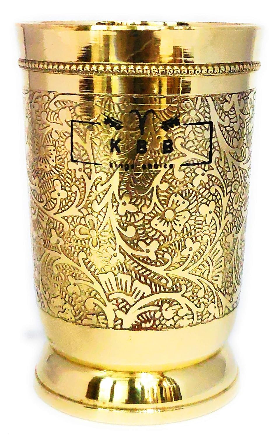 KBB Pure Brass Glass Tumbler with Etching Art Finish, Indian HANDWORKED, (Pack of 1)