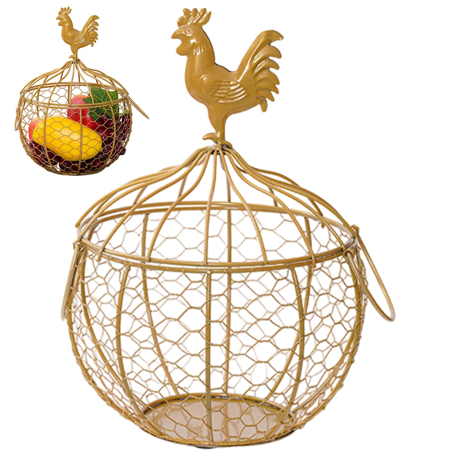 NASSMOSSE Chicken Egg Basket with Handle, Famhouse Small Metal Egg Collecting Basket Vintage Style with Chicken Decorated Lid for Fruits, Vegetables, Flowers Golden