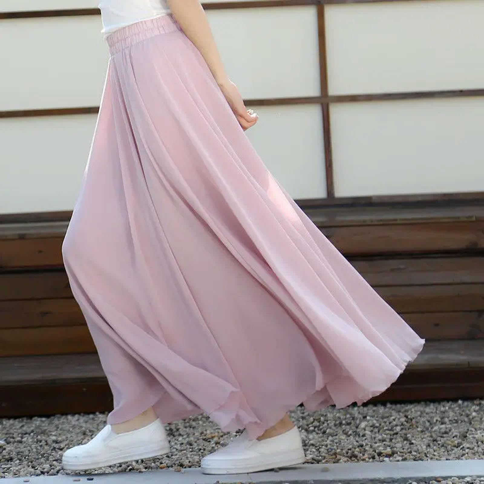 TEidea Satynowa spódnica wiosenna szyfonowa długie spódnice dla kobiet elegancka casualowa spódnica plażowa maxi z wysokim stanem