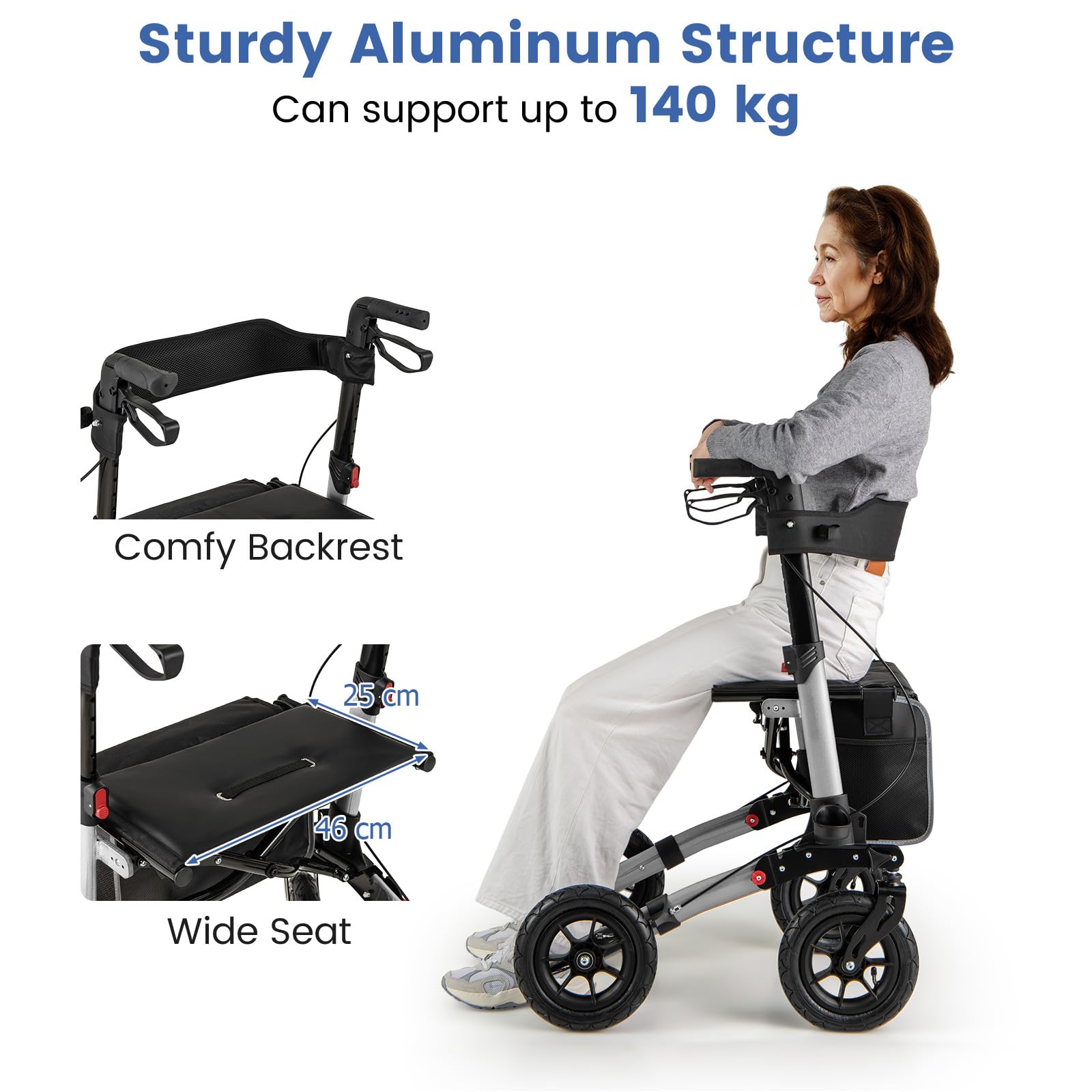 HOMASIS Andador plegable y ligero 2 en 1 para silla de ruedas, con asiento, 7 alturas ajustables, carrito de aluminio para personas mayores, andador de viaje con soporte para bastones, bolsa, hasta