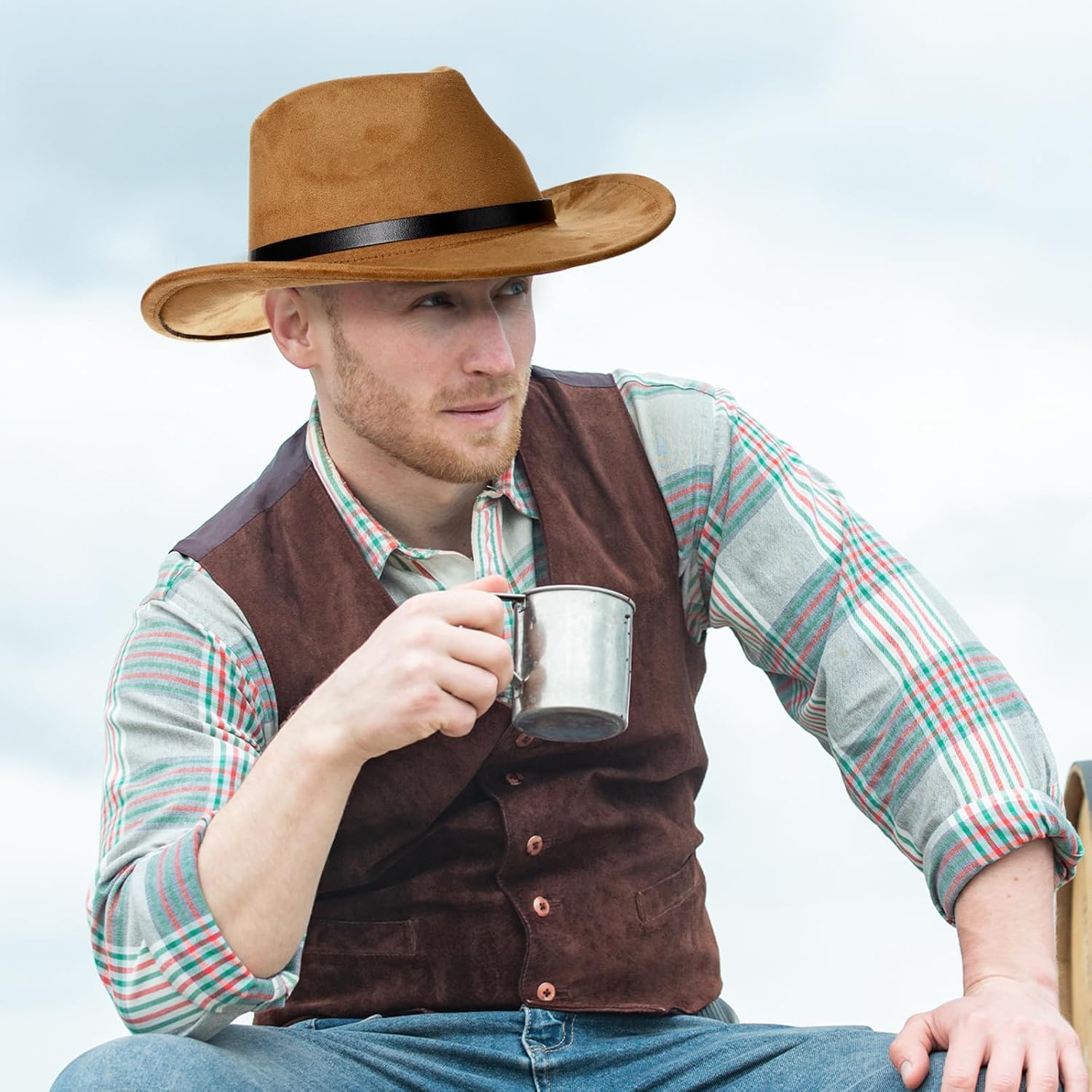 Geyoga 4 Pack Cowboy Hat for Men Women Halloween Western Suede Hats Panama Hat Felt Wide Brim Cowgirl Cap for Cowboy Cowgirl - Image 4