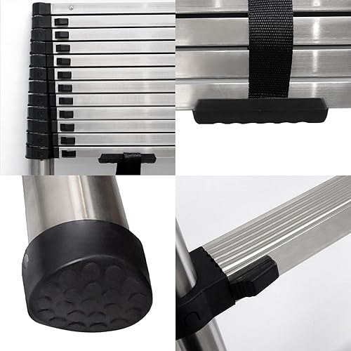 Miniatura 36 de Escalera telescópica de aluminio de 12.5 pies, escalera extensible con 2 ganchos desmontables, diseño de bloqueo de seguridad portátil y ligero