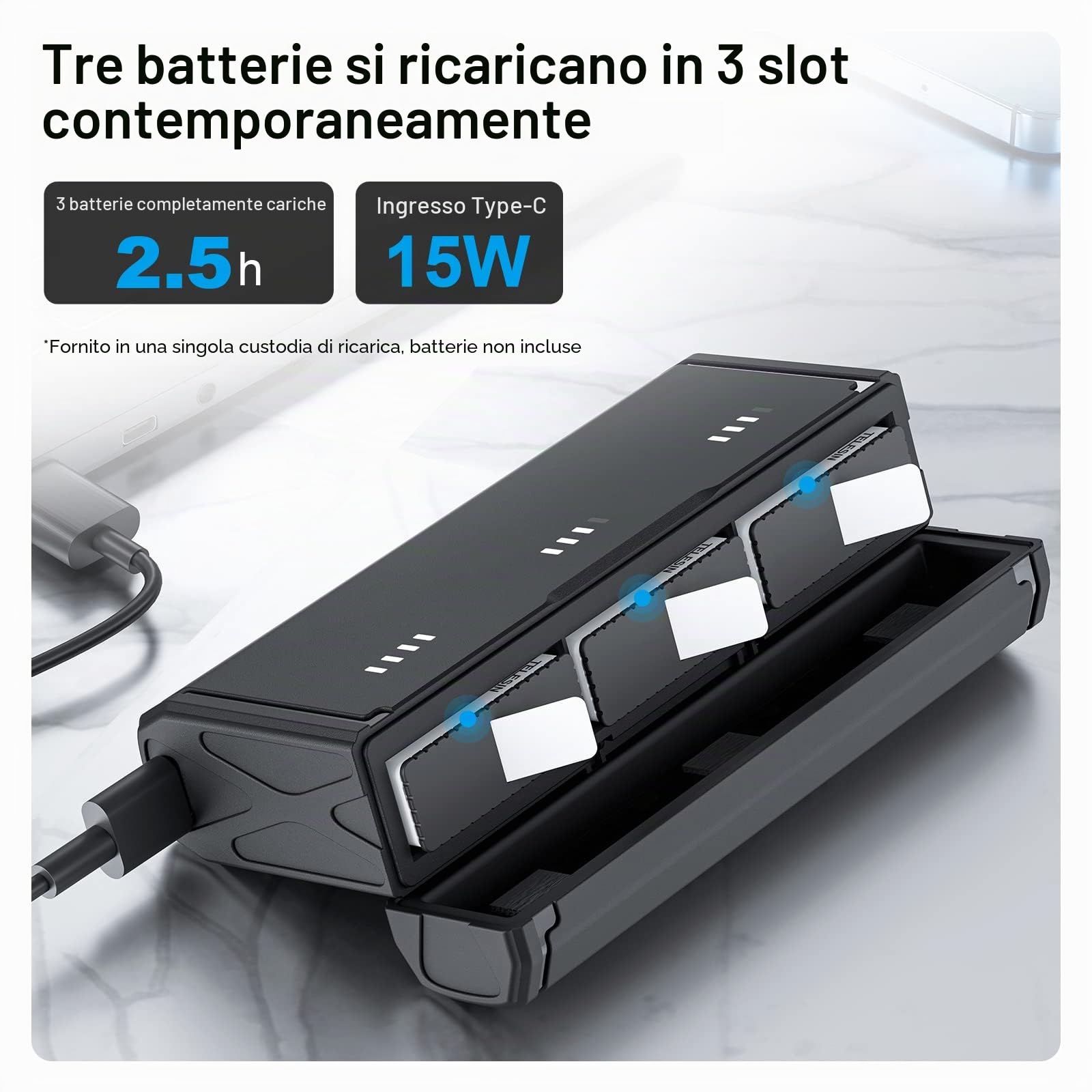 TELESIN Caricabatteria Tascabile per GoPro Hero 12 11 10 9, Ricarica Rapida, Design Portatile, 3 Slot, 2 Memorie per Schede TF, Compatibile con Batterie Enduro e Standard, Accessori