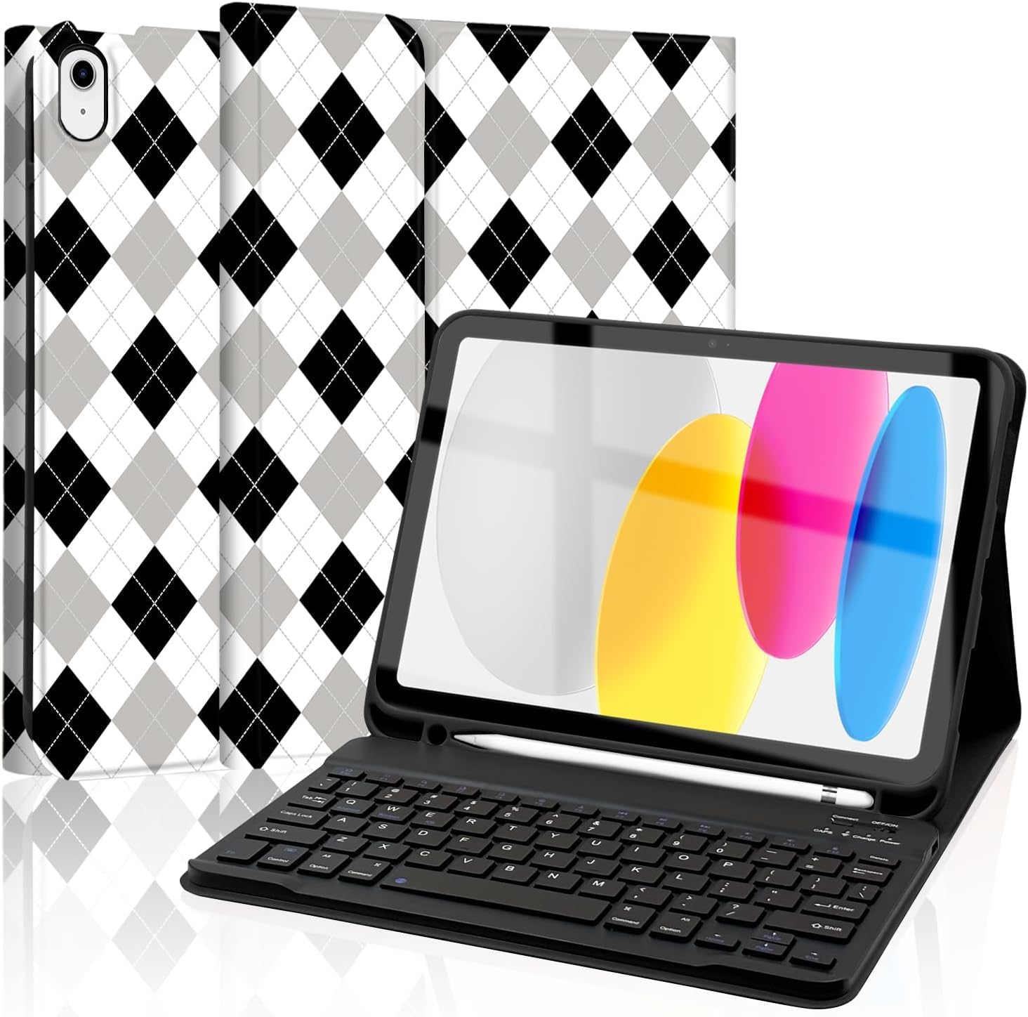 Keyboard Case for iPad 11th 10th Generation with Pencil Holder, Wireless Keyboard Cover for 11th A16 11-inch 2025, 10th Gen 10.9 Inch 2022, Diamond Checkered Plaid Black-Grey-White