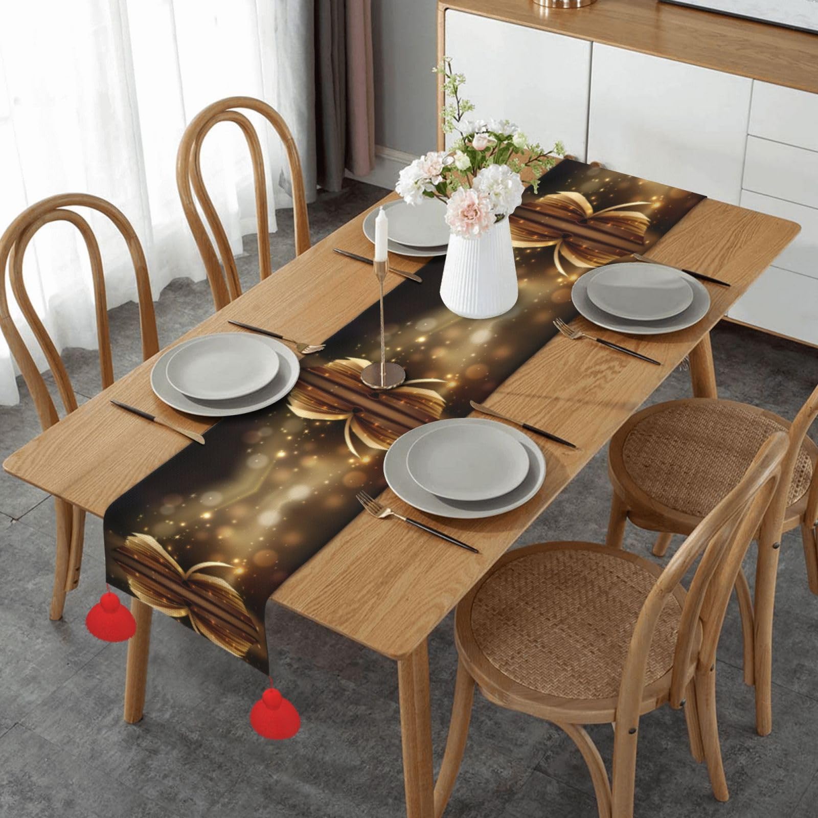Chemin de table de Noël 152 cm Magic Book nappe Halloween Thanksgiving pompons