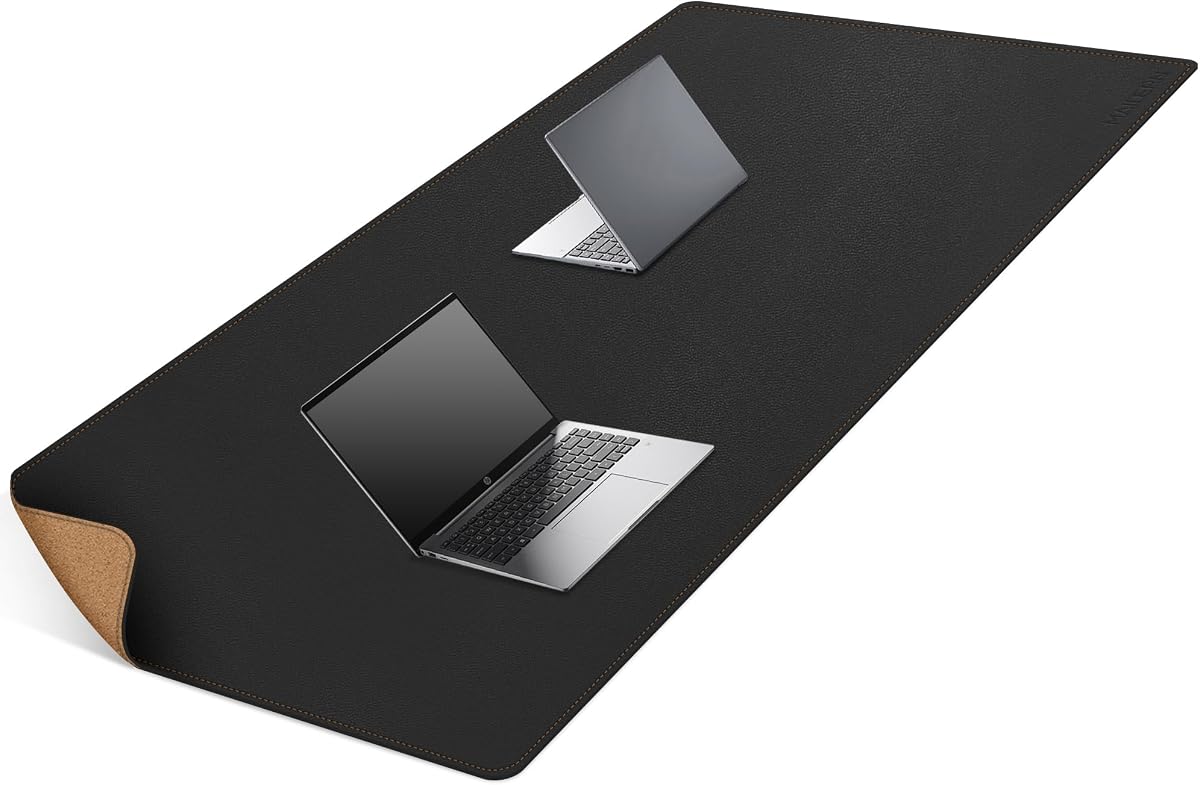 MAIDERN Tapete de escritorio de cuero XXL de 63 "x 31,5", tapete de escritorio grande, tapete de ratón grande reversible de corcho y cuero para escritorio, tapete de escritorio de computadora impermeable para juegos, oficina en casa (negro)...