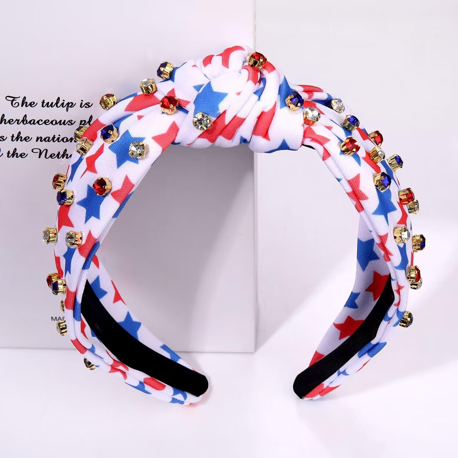 4 th of July Headband for Women American Flag Knottted Headband Red White Blue Crystal Star Patriotic Party Favor - Image 3