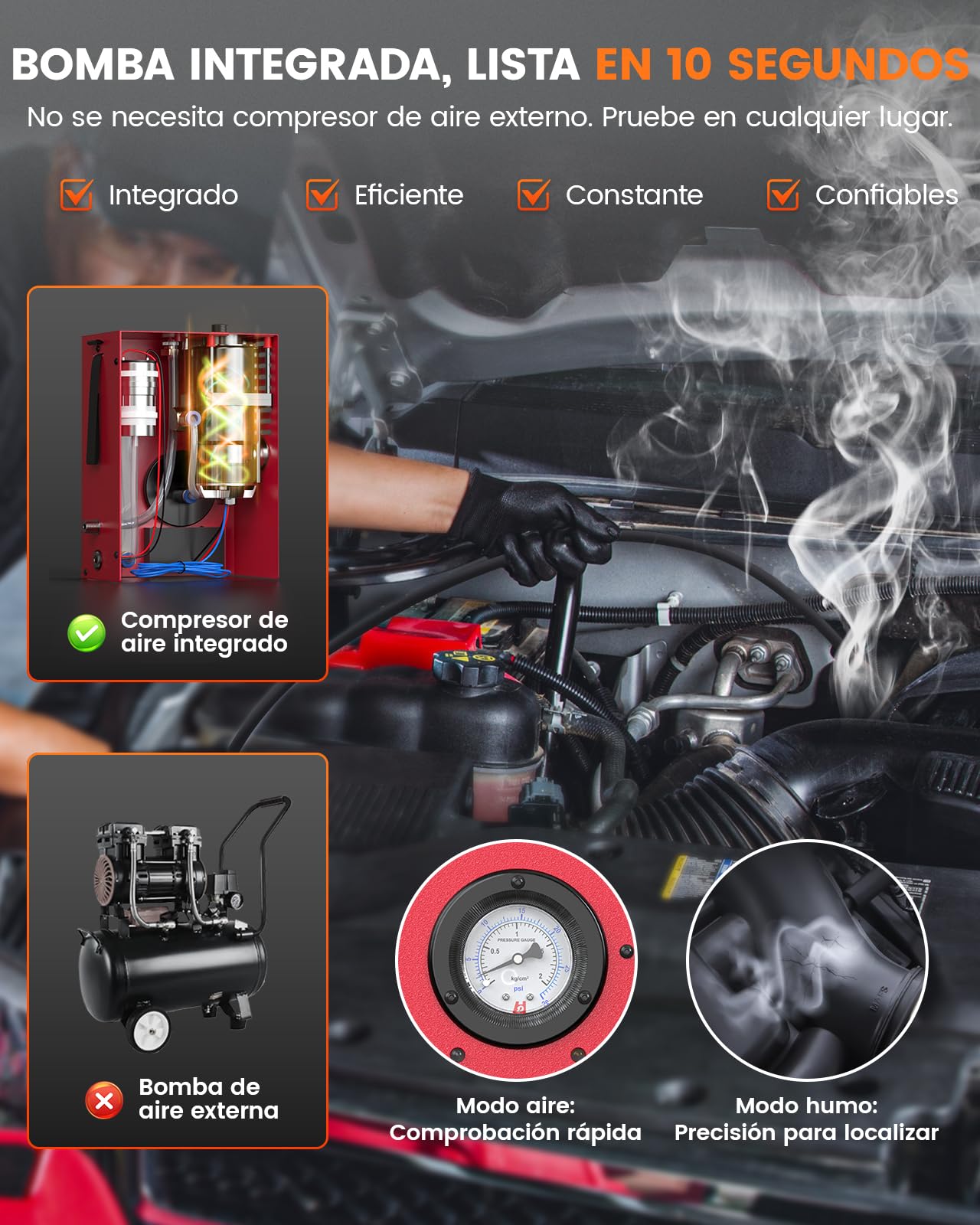 ANCEL S3000PRO Probador de Fugas de Coche con Bomba de Aire Incorporada y Manómetro, Detector De Prueba De Fugas del Sistema De Combustible Coche 12V, Maquina Prueba Fugas Humo para Vehiculos