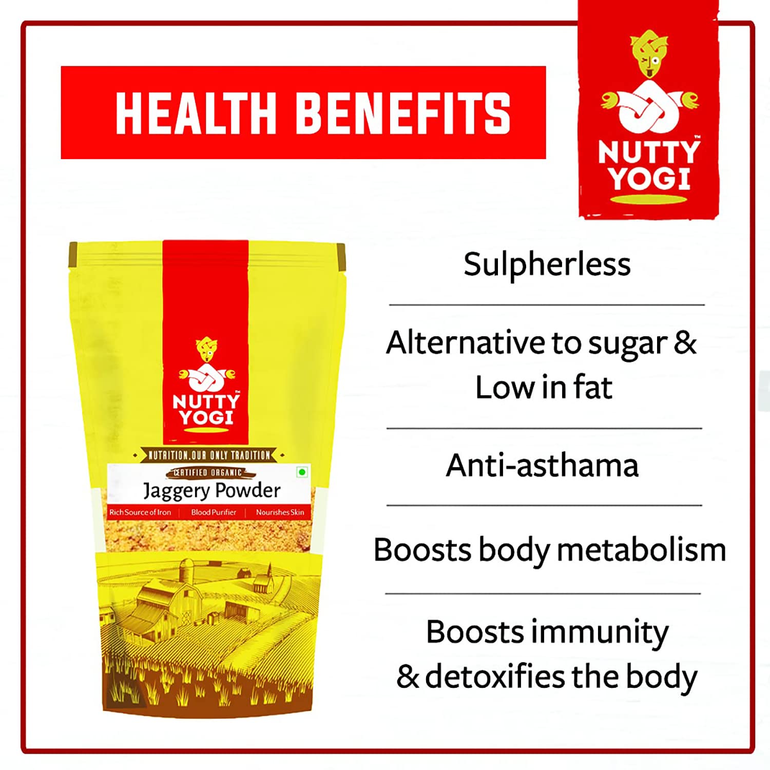 Nutty Yogi Organic Jaggery Powder Low Gi, High In Nutrients, 100% Organic, Sweetener, Caramel Flavour, Tea, Original Gur(500 G (Pack Of 4))