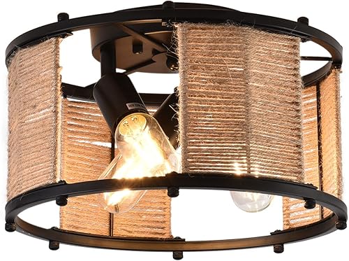 Miniatura 1 de Lámpara de techo de ratán tejida de granja, 4 luces de techo semiempotradas, lámpara de techo industrial de cuerda de cáñamo para pasillo,