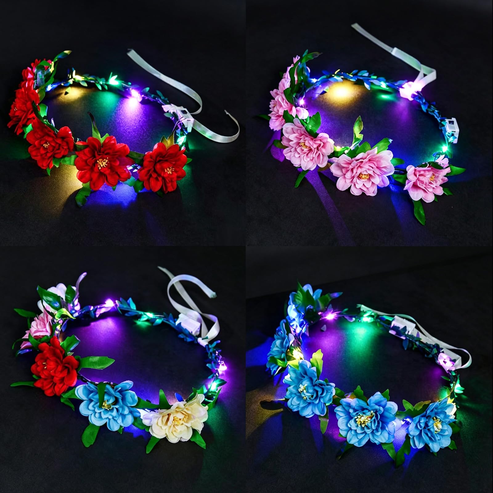Richaa 4 Stück Blumenkranz Haare Led, Led Haarschmuck Farblicht