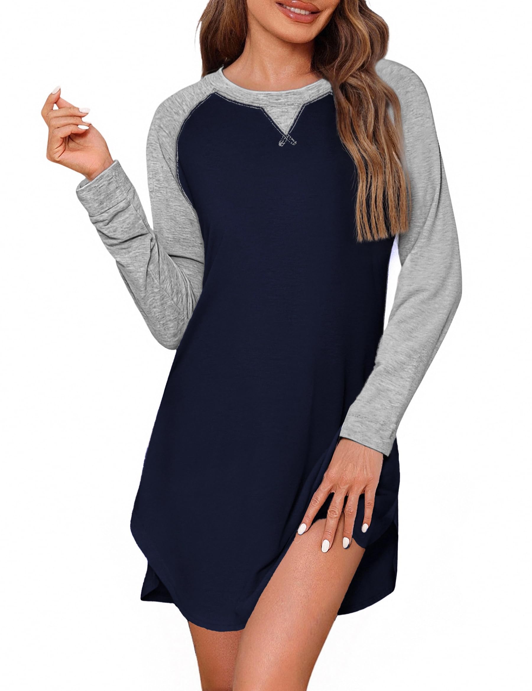 Uniexcosm Nachthemd Damen Langarm Kontrastfarben Schlafshirt Baumwolle Nachthemden für Frauen mit Rundhalsausschnitt Sleepshirt Sleepwear