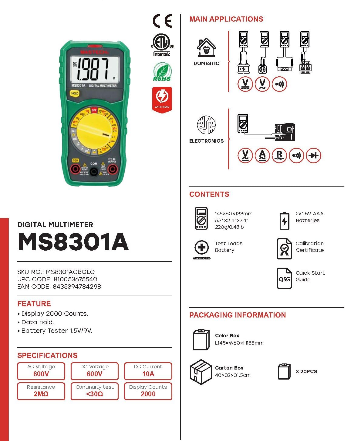 Mastech MS8301A Digital Multimeter with included accessories and packaging information