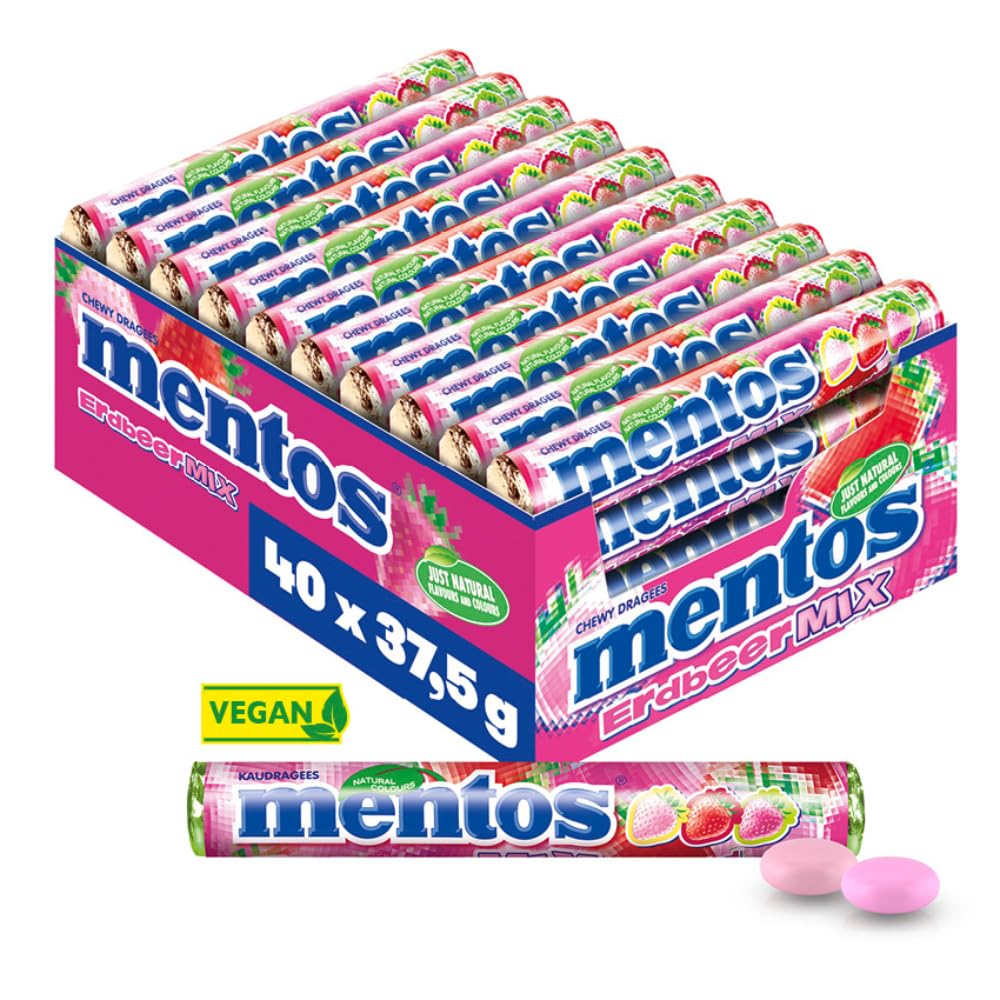 Mentos Erdbeere-Mix Dragees, süß-saure Frucht-Bonbons, fruchtig-spritzige Kaubonbons, Süßigkeiten Multipack (40 Rollen), vegan