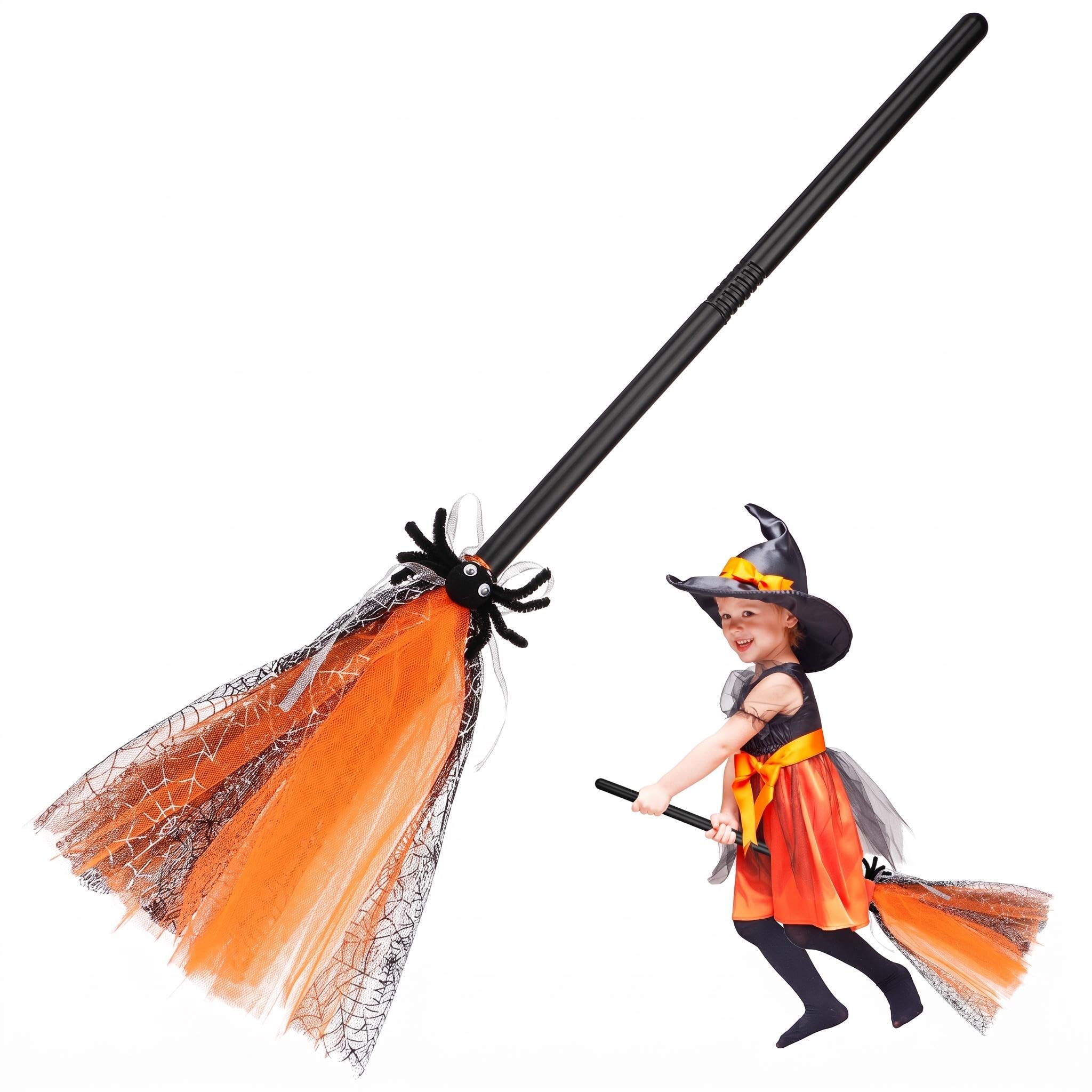 Ciieeo Orange Witch Broom, Halloween Costume Prop, Wizard Broomstick