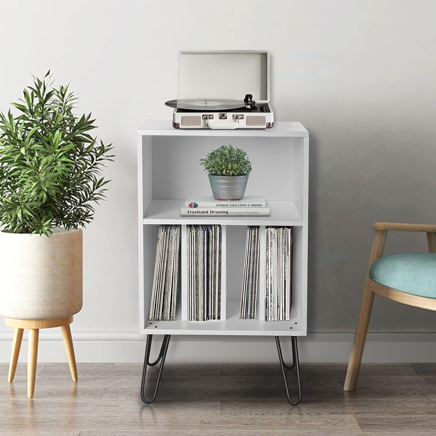 Record Player Stand with Record Storage Turntable Stand Vinyl Record Storage Cabinet with Metal Hairpin Legs Record Player Table Holds Up to 150 Albums for Living Room Bedroom(White)