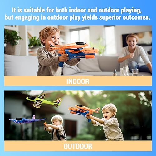 Miniatura 4 de HapKid Paquete de 4 lanzadores de aviones, aviones de espuma con 2 modos de vuelo, tirachinas y calcomanías de bricolaje, juguete volador al aire