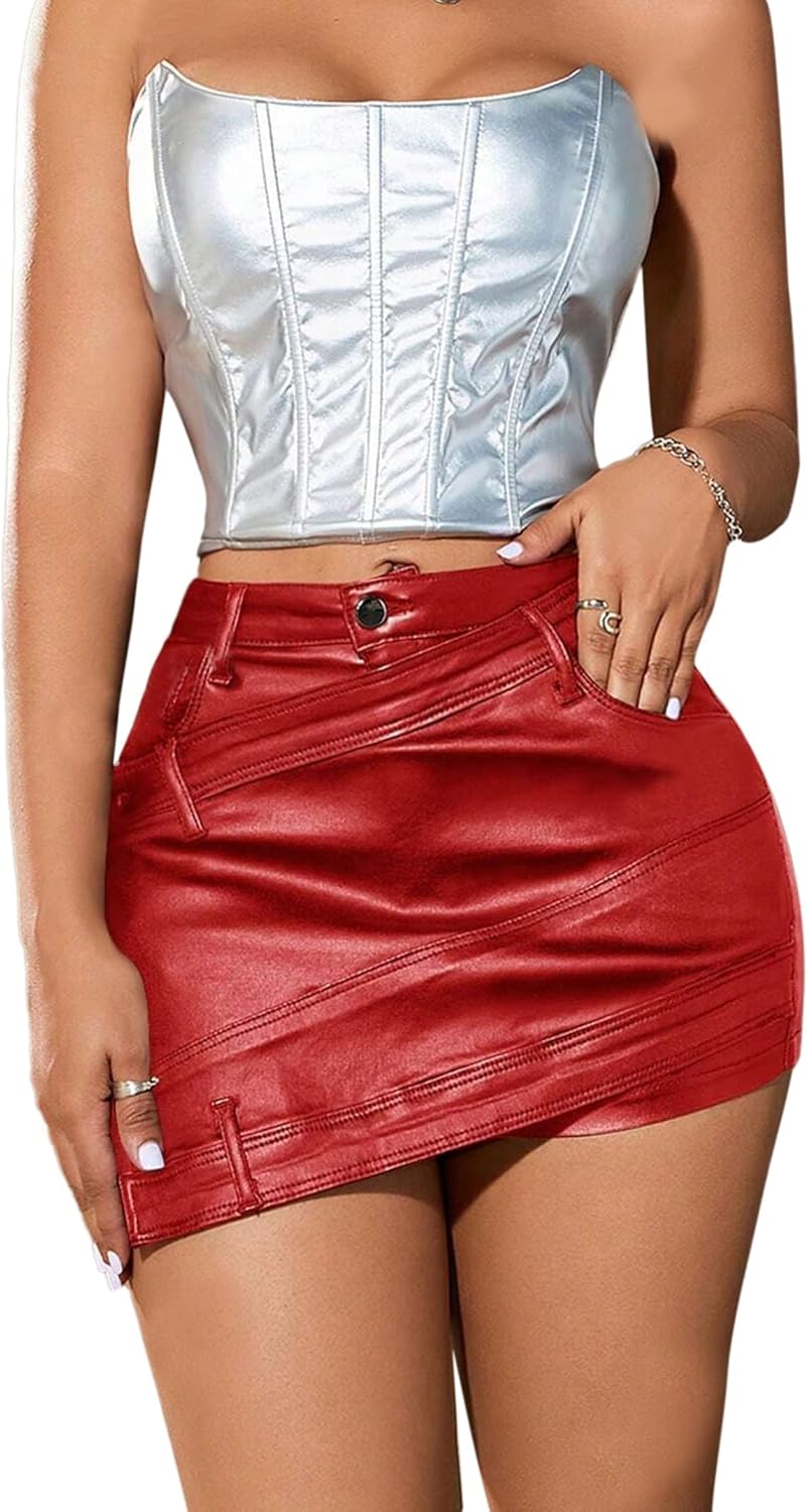 Avanova Women Faux Leather Slit Split Mini Skort High Rise Bodycon Short Skirt - Image 3
