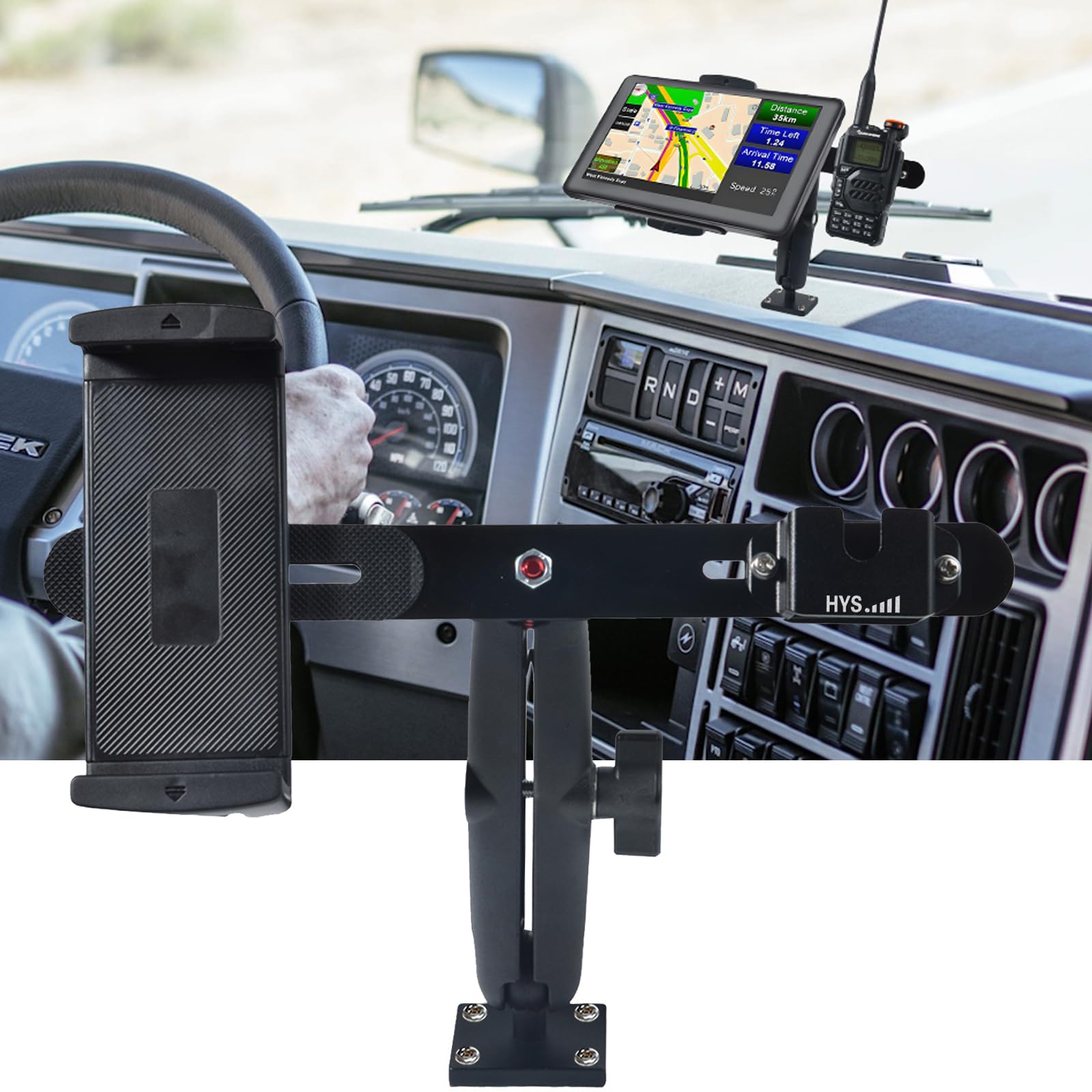 HYS Supporto da auto resistente per tablet da 5 a 13 pollici, iPad, Samsung Galaxy Tab, GPS, universale, portatile, radio CB e microfono, per scrivania, auto, parete, camion, veicoli commerciali